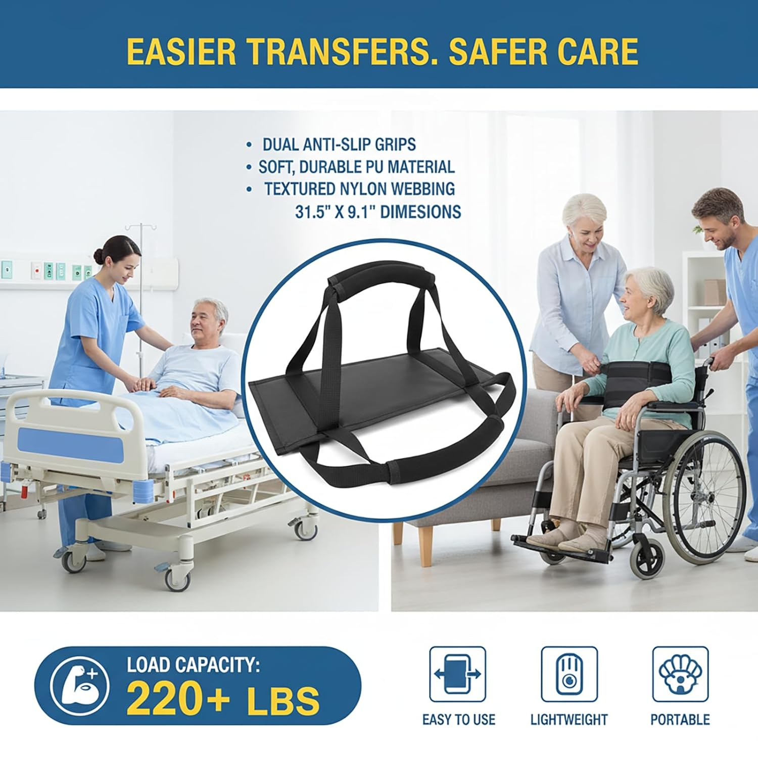 31.5 Inch Padded Transfer Belt for Elderly and Disabled, Non-Slip Bed Mobility Sling for Patient Lift with Handles, Heavy Duty, for Caregivers and Patient Care &ndash; Ruibex image number 3