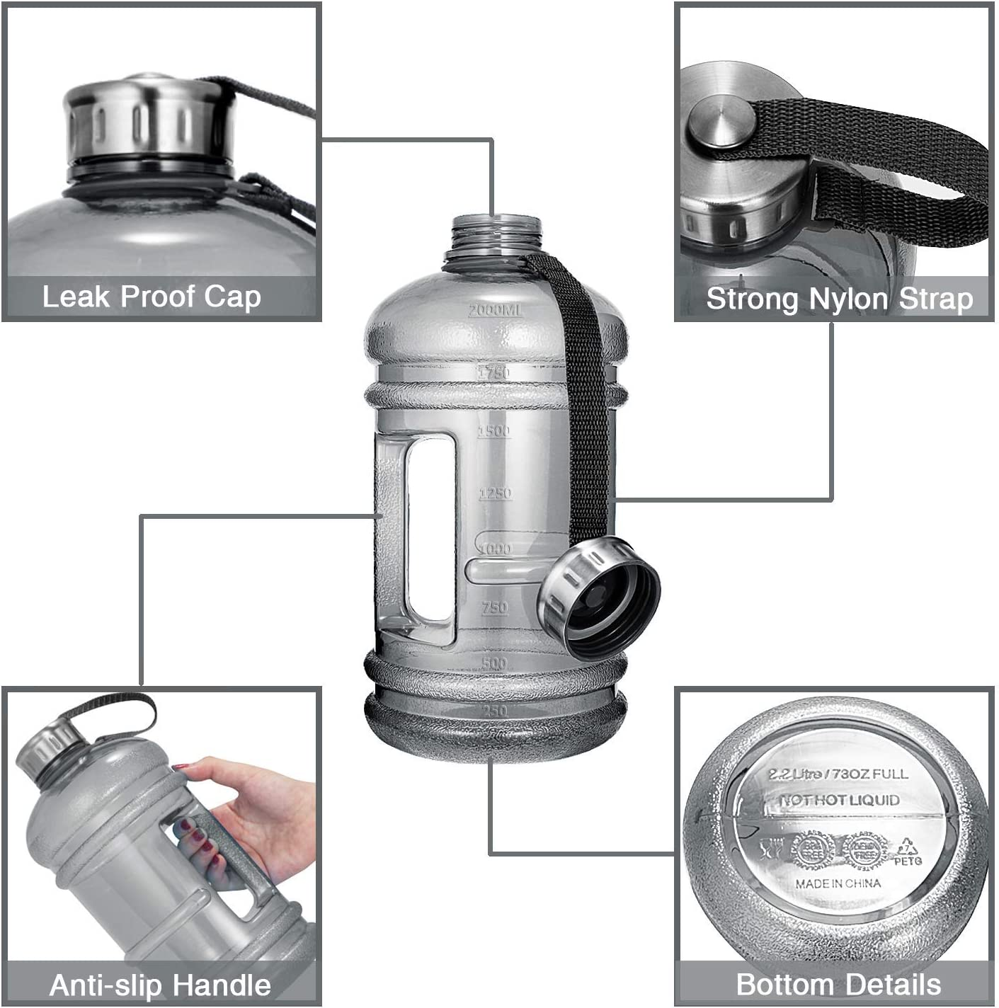 Vaupan Half Gallon Big Water Bottle, 2.2L/73 OZ Large Leak Proof Sports Jug with Handle,Huge BPA Free PETG Plastic Wide Mouth Drinking Container Flask for Fitness Gym Biking Travel Outdoor Water Jug image number 2