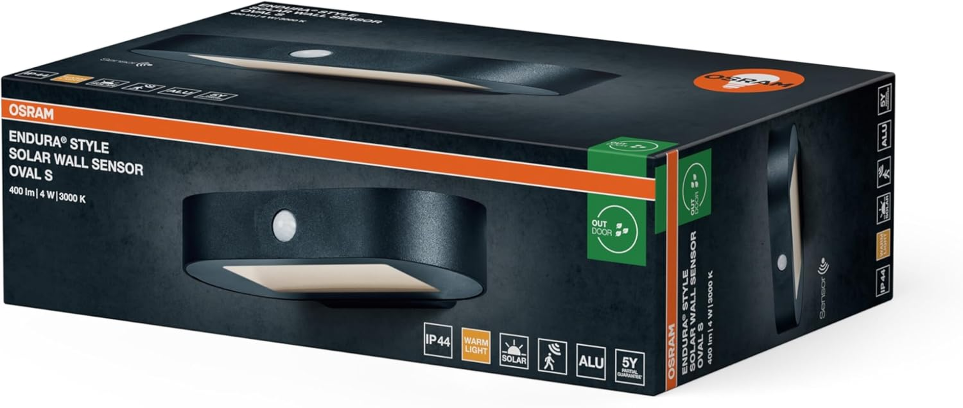 OSRAM Endura Style Small Oval Solar Wall Light, Warm White Light (3000 K), Integrated Sensor, Can Be Used without Power, Long Runtime: 30 Times 60 Seconds in PIR Mode, Protection Class IP44, Black image number 2