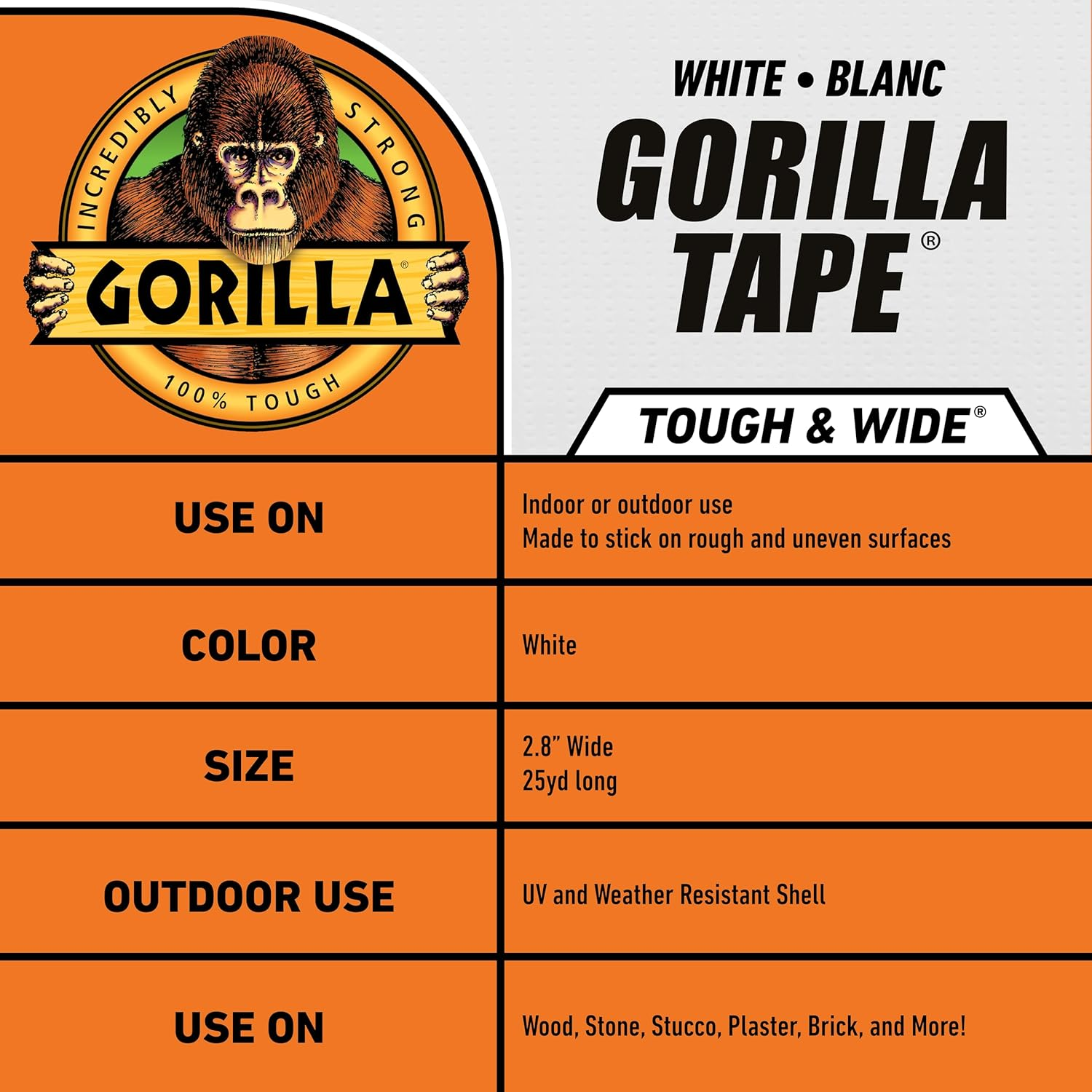 Gorilla Tough & Wide Duct Tape, 2.88" X 25 Yd, White, (Pack of 1) image number 4