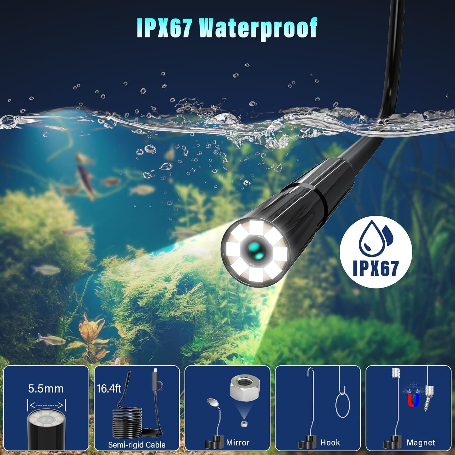 Endoscope Camera with Light, 1920P Dual-Lens HD Borescope Tools with 8 Adjustable LED Lights, 5.5Mm Snake Camera with 16.4Ft Semi-Rigid Cable, IPX67 Waterproof Inspection Borescope for Ios and Android image number 2