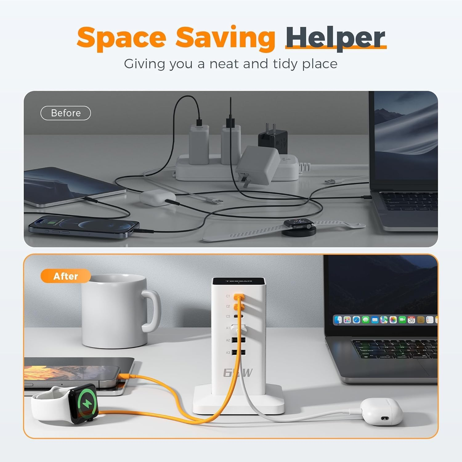 TESSAN USB C Charger, 65W Portable Charging Station, 6 Ports Charger Block Power Adapter, Gan Wall Charging Hub for Iphone15/16, Macbook, Earphone, Home Office Accessories image number 4