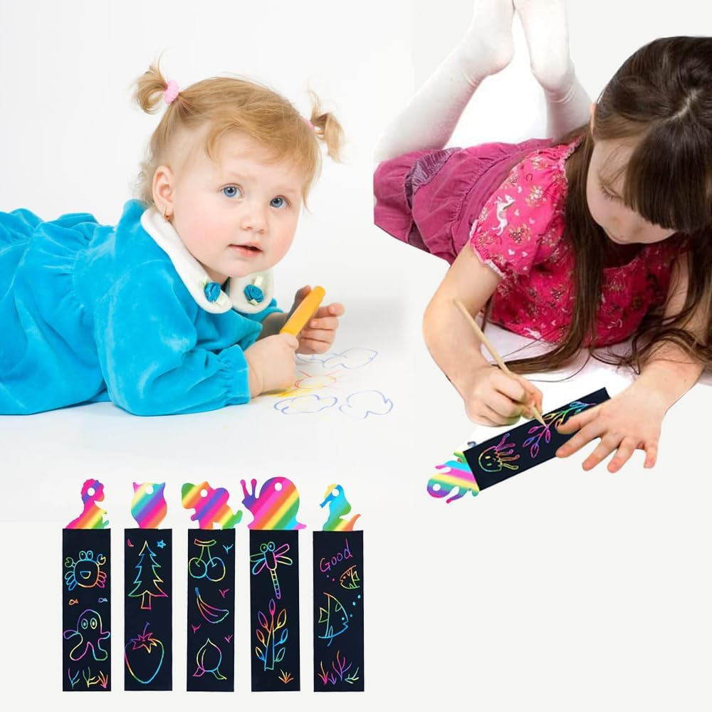 Animal Bookmarks Set for Children,48 Pieces Rainbow Bookmarks Scratch Art Bookmarks Kids Bookmark with 24 Wooden Stylus and 48 Colorful Ribbons for Kids Children Girls Party Tags image number 6