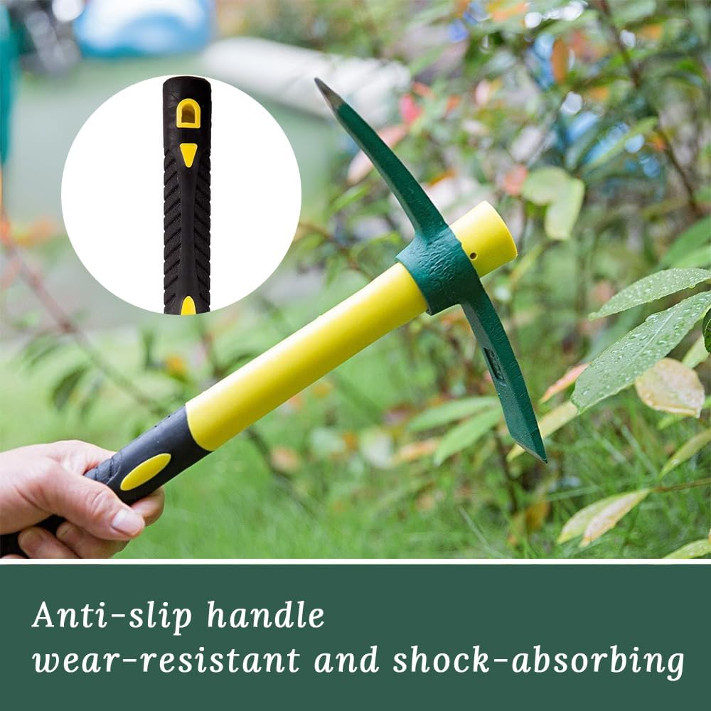 GUDAJIN 2 Pieces Solid Pickaxe, Forged Garden Pick, Weeding Pickaxe with Heavy Duty Rubber Handle for Weeding, Digging, Loosening Soil, Gardening, Camping or Prospecting