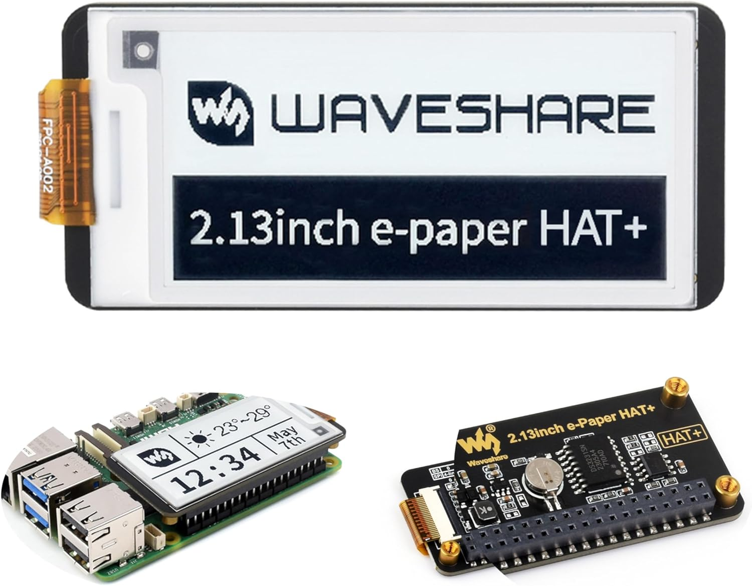 2.13Inch E-Paper HAT+ for Raspberry Pi 5/ 4B/3B+/3B/2B/A+/Zero W/Wh/Zero 2 W/Jetson Nano, E-Ink Display HAT+ Standard 250X122 Pixel SPI Interface with Pwnagotchi Tutorial Support Partial Refresh