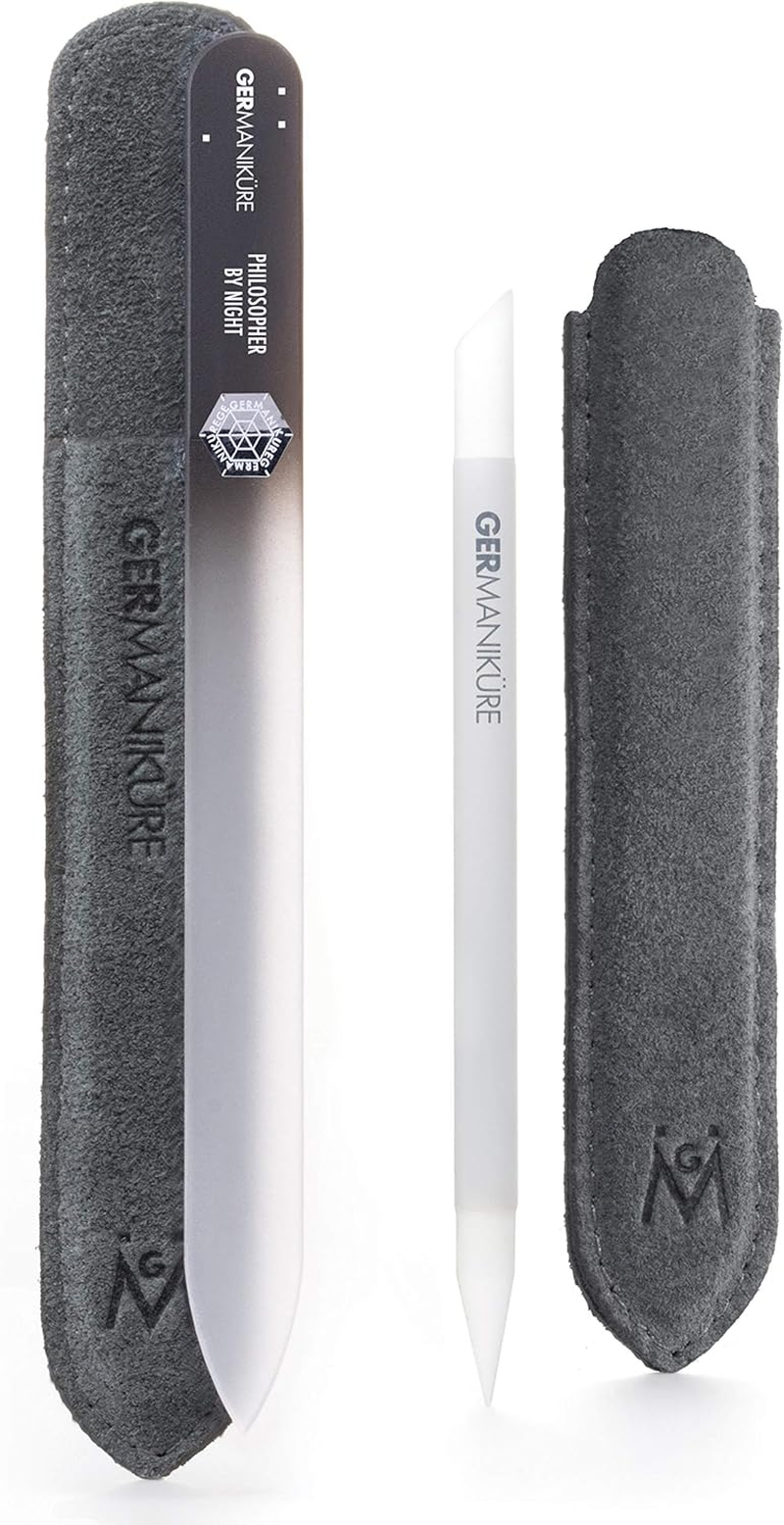 GERMANIKURE Crystal Glass Cuticle Stick & Black Nail File Set in Suede Sleeves &ndash; Handmade in Czech Republic &ndash; Professional Manicure Supplies &ndash; Cuticle Pusher, Callus Remover - Ideal Nail Care Gift