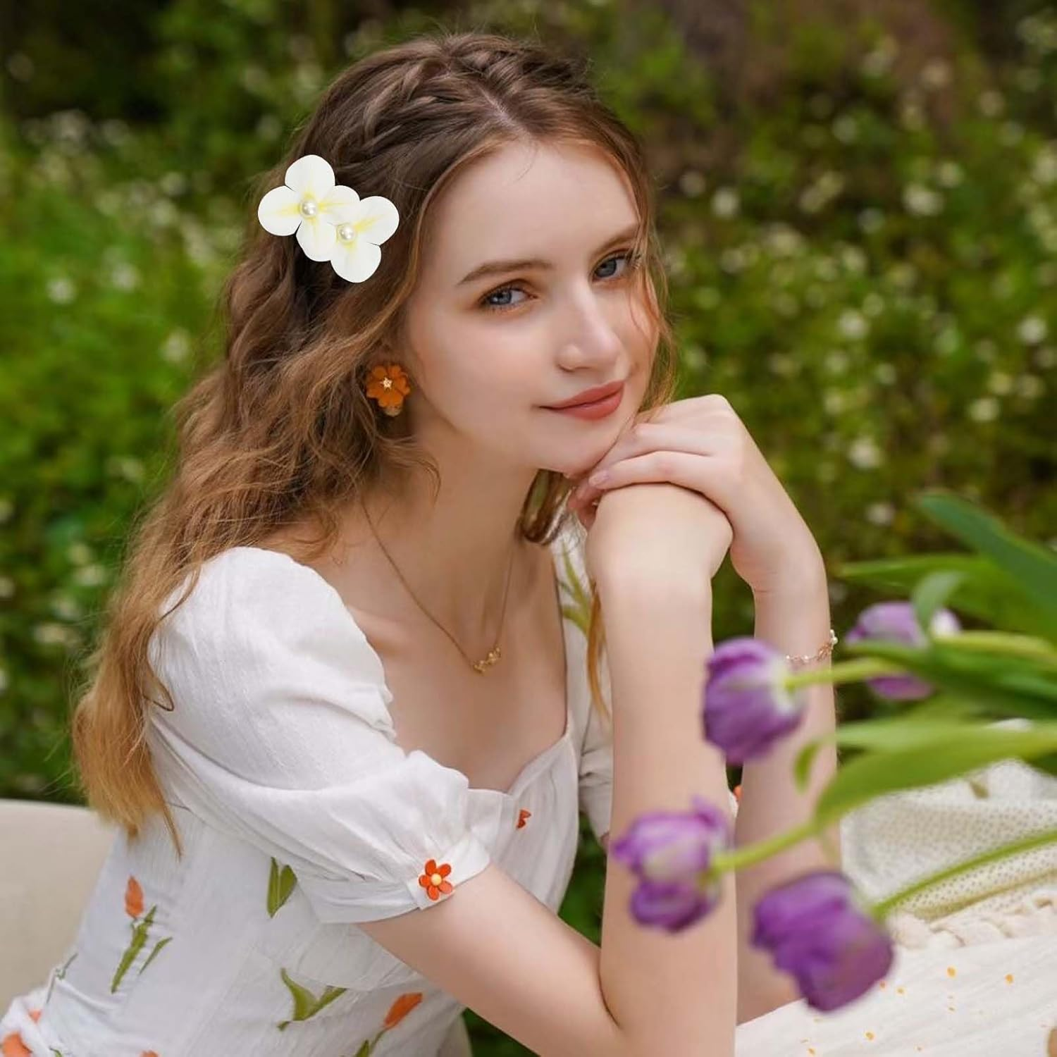 Flower Crown Headband,2 PCS Artificial Floral Crown and 2 PCS Flower Duckbill Clip,Daisy Hair Floral Wreath for Women, Girls, Wedding, Festival, Party, Hair Headbands Accessories image number 5