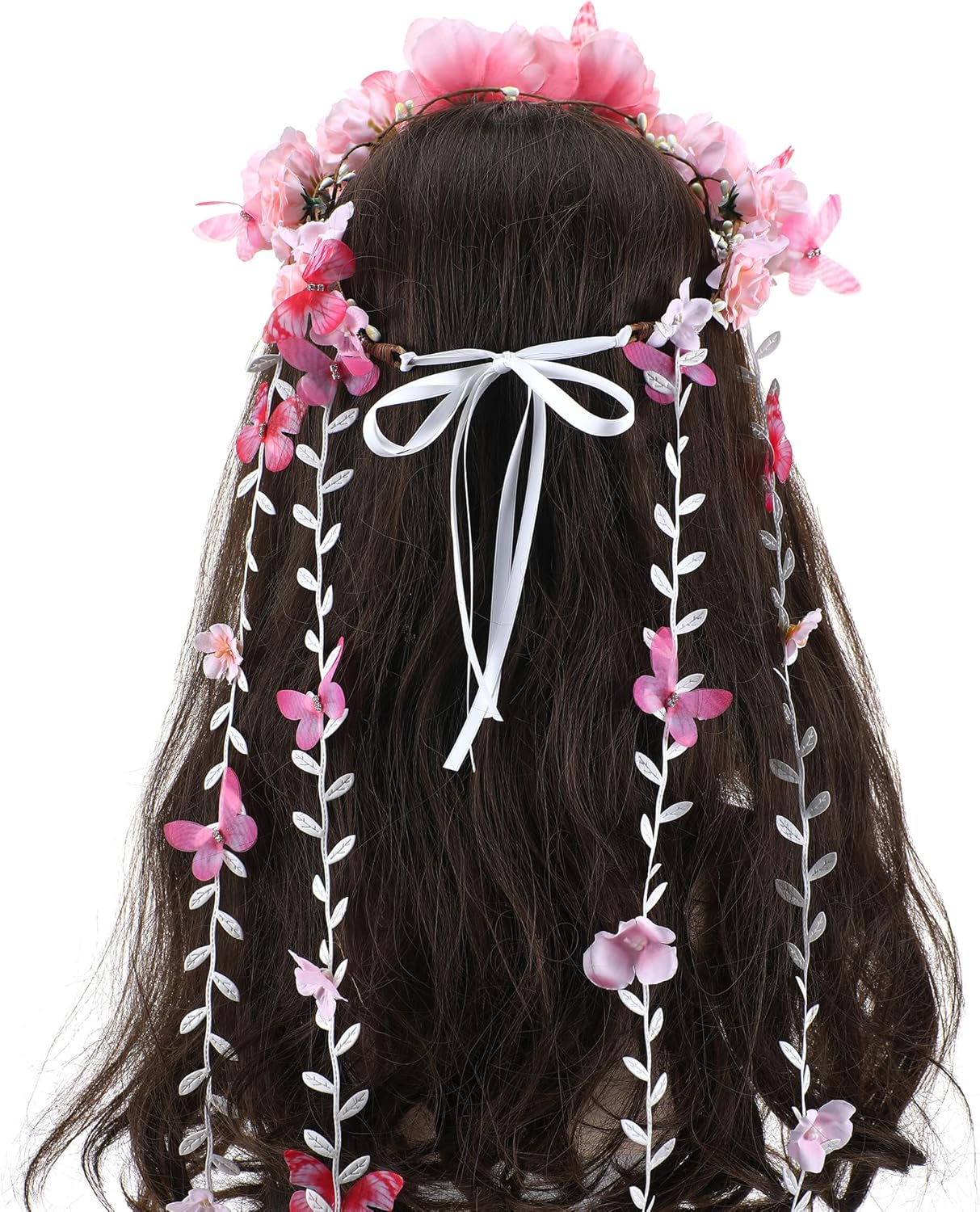 Partyforu Pink Flower Crown Headband for Women Floral Fairy Headpiece Bohemian Vine Flower Headband with Butterfly for Wedding Bridal Shower Party Renaissance