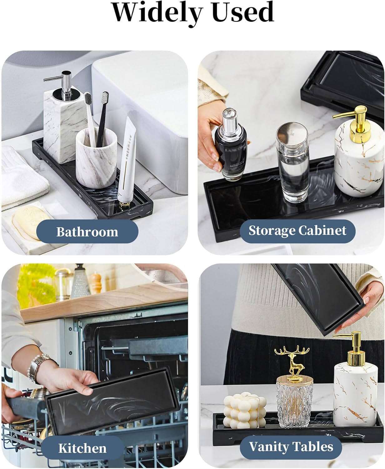 Marble Resin Bathroom Vanity Tray 11.22X 4.13 Inch Rectangle Black Organizer Tray for Soap Dispenser, Perfume, Jewelry, Toilet Tank & Kitchen Sink Storage Tray