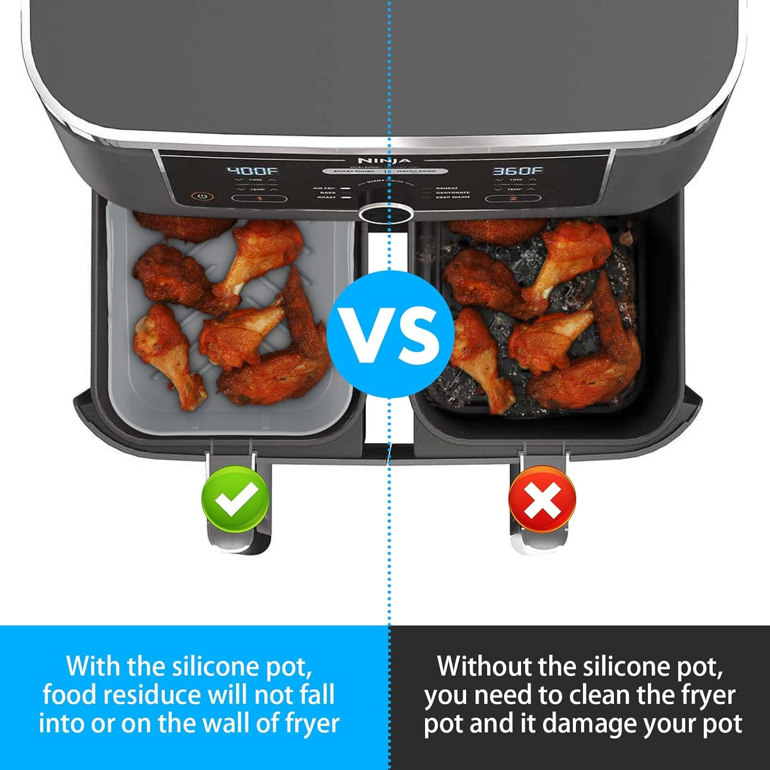 Eslotre Air Fryer Silicone Pot with Handle, 2 Pack 8In Reusable Silicone Air Fryer Liners, Food Safe, Dishwasher Safe, Grey, Oven Accessories, Replacement Parchment Paper Liners for Ninja DZ401