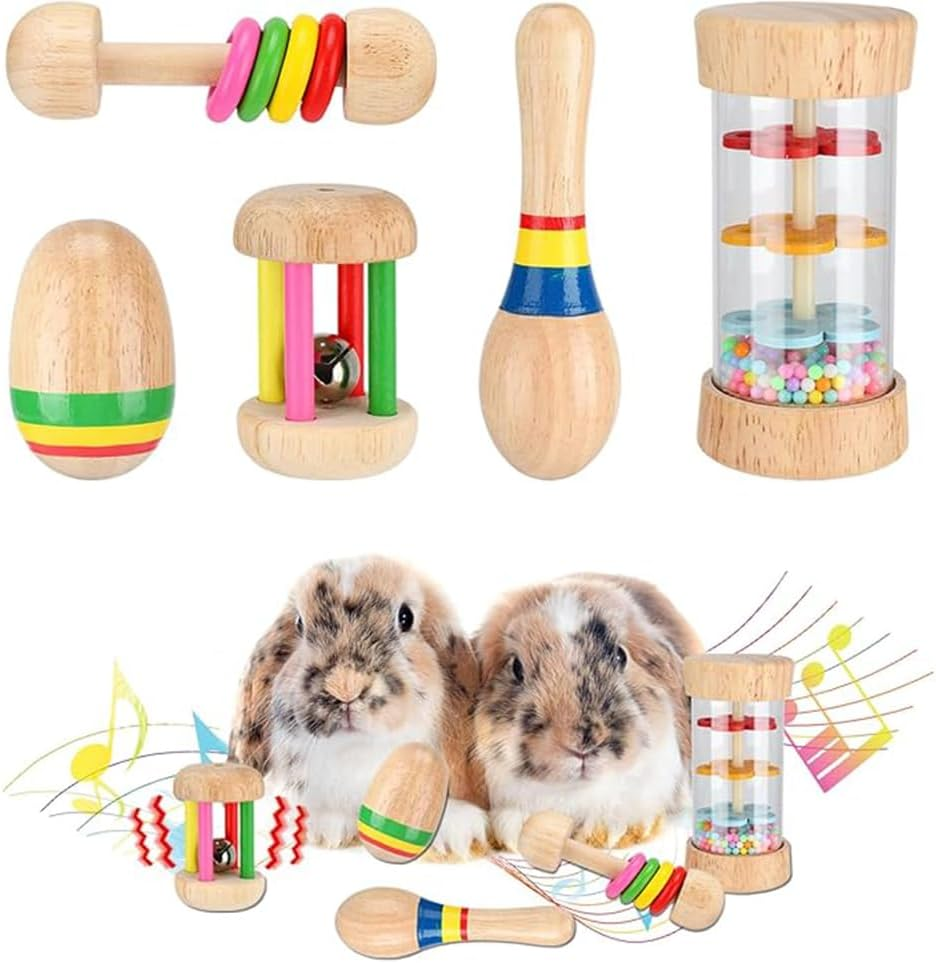 6 Pcs Wooden Safe Rabbit Toys, Bite-Resistant Guinea Pigs Toys for Chinchillas Hamsters Small Animals Playing Teeth Grinding Indoor Outdoor Bunny Gifts image number 4