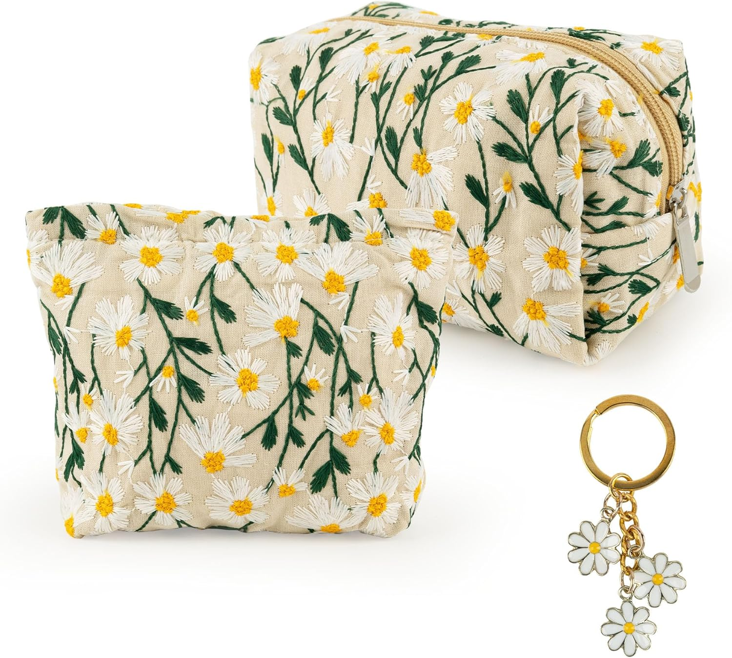 ANNASAMDO 2 Pieces Cosmetic Bag with Daisy Key Ring Floral Pattern Makeup Organiser Toiletry Bags for Travel image number 3