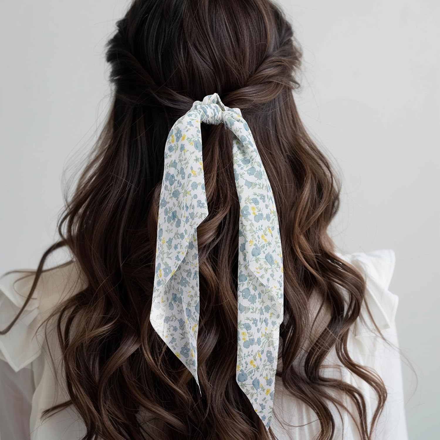 3 PCS Ribbon Hair Ties with Bow, Chiffon Crushed Flower Bowknot Hair Ties, Elastic Hair Scarf Long Ribbon Ponytail Scrunchies for Women Girls (Pink, Yellow, Green) image number 6