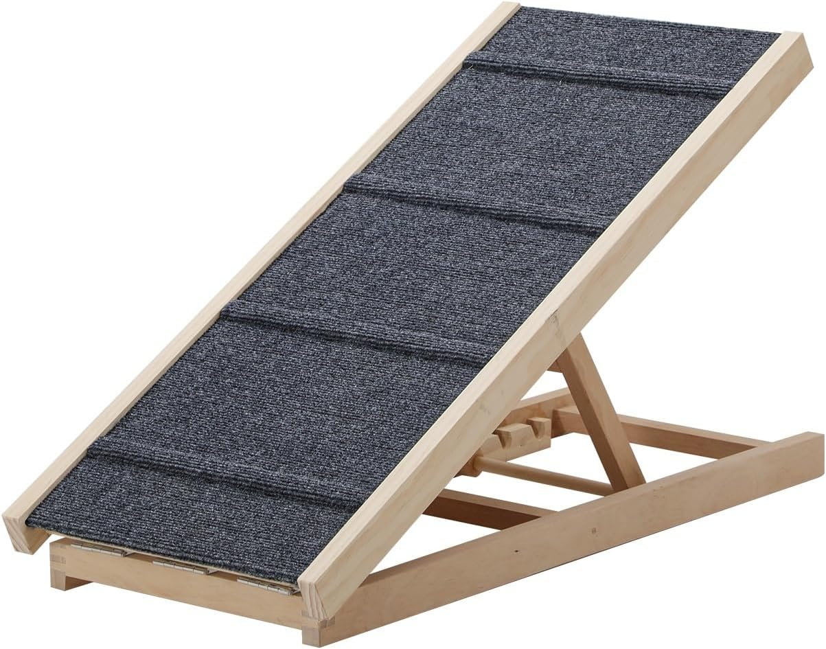 Foldable Dog Ramp, Dogs Stairs with anti Slide Surface, 3 Adjustable Height (33-56Cm), No Assembly Required, Wooden Pet Ramp for Senior Dogs, Cats, Bed Sofa Car, 90X36Cm, Black