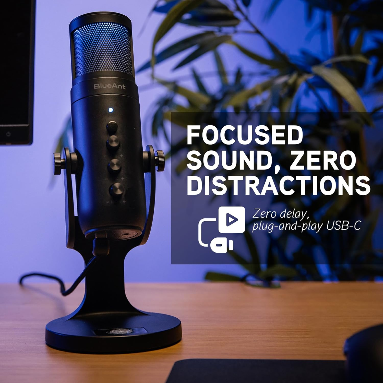 Blueant Stream X USB Microphone, Broadcast Quality Condenser Mic with Real-Time Monitoring, Plug-And-Play USB-C, Adjustable Stand for Streaming, Podcasting, Gaming & Calls, LED Lighting image number 2