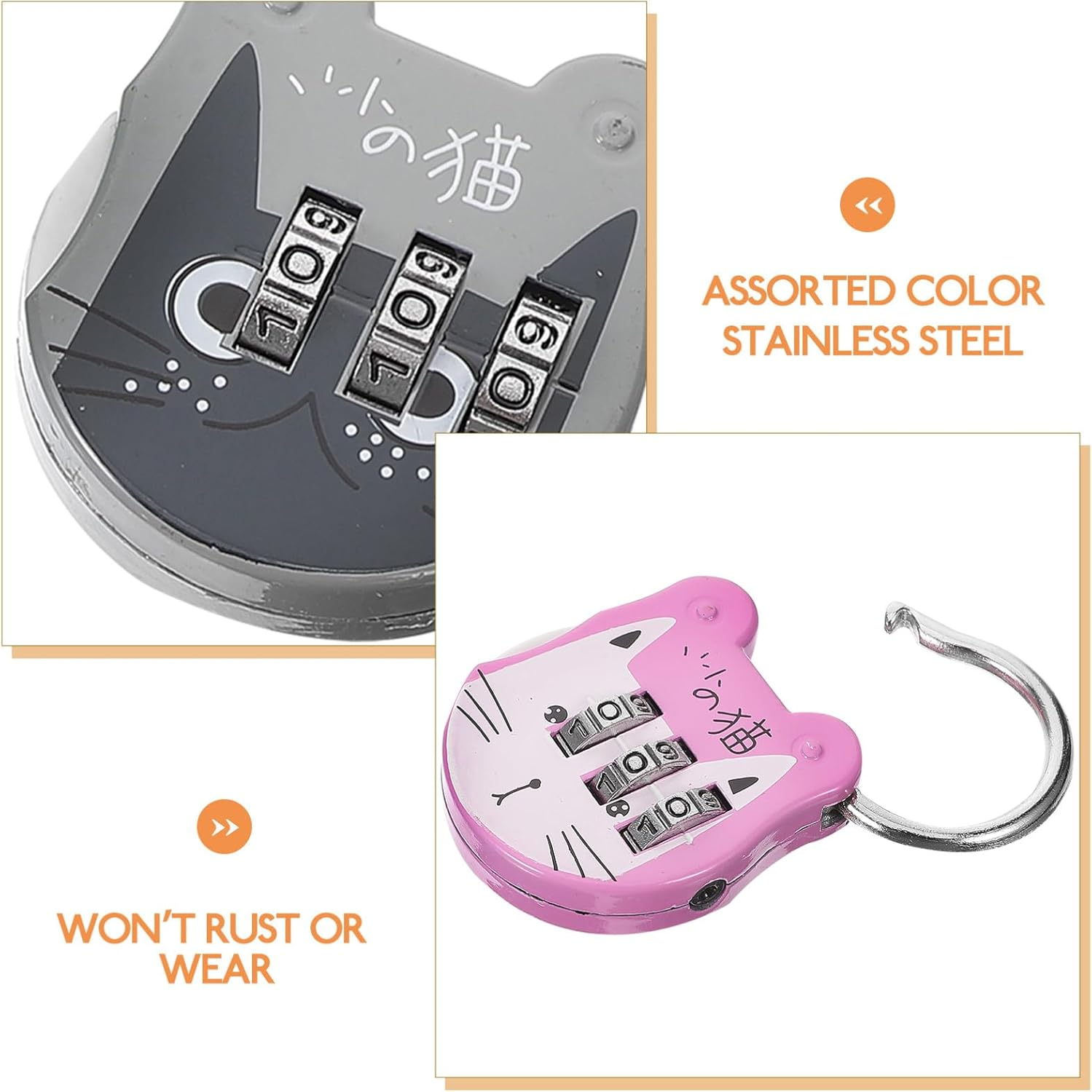 Jojofuny 4Pcs Cute Cat Combination Locker Locks, 3 Digit Password Padlocks for Drawers, Backpacks, Travel Suitcases, Home Use, Assorted Colors image number 4