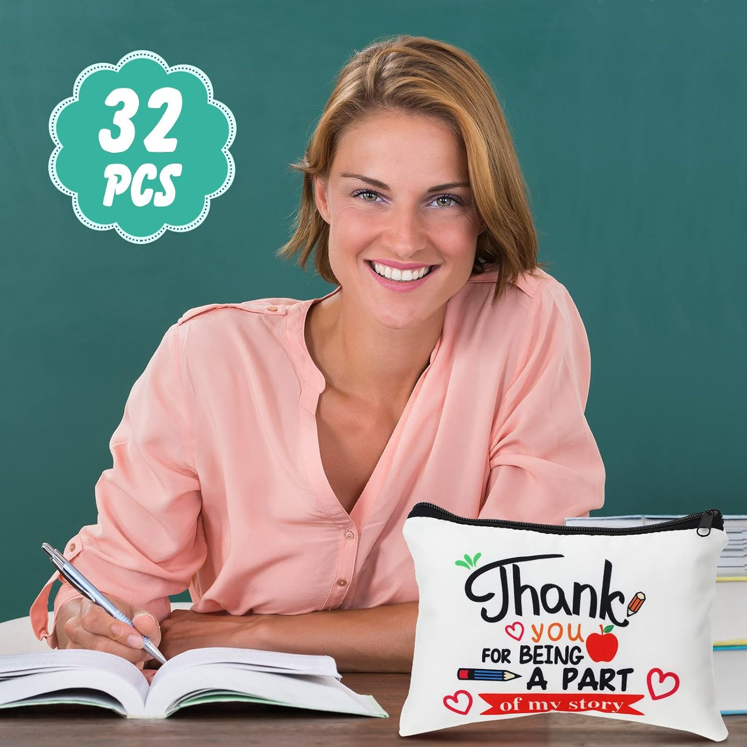 Hillban 32 Pieces Teacher Back to School Gifts Teacher Appreciation Gifts Women Cosmetic Makeup Bag Funny Pencil Pouch for Graduation Birthday, Multicolor, about 9.1 X 5.9 Inches/ 23 X 15 Cm, Cute image number 6