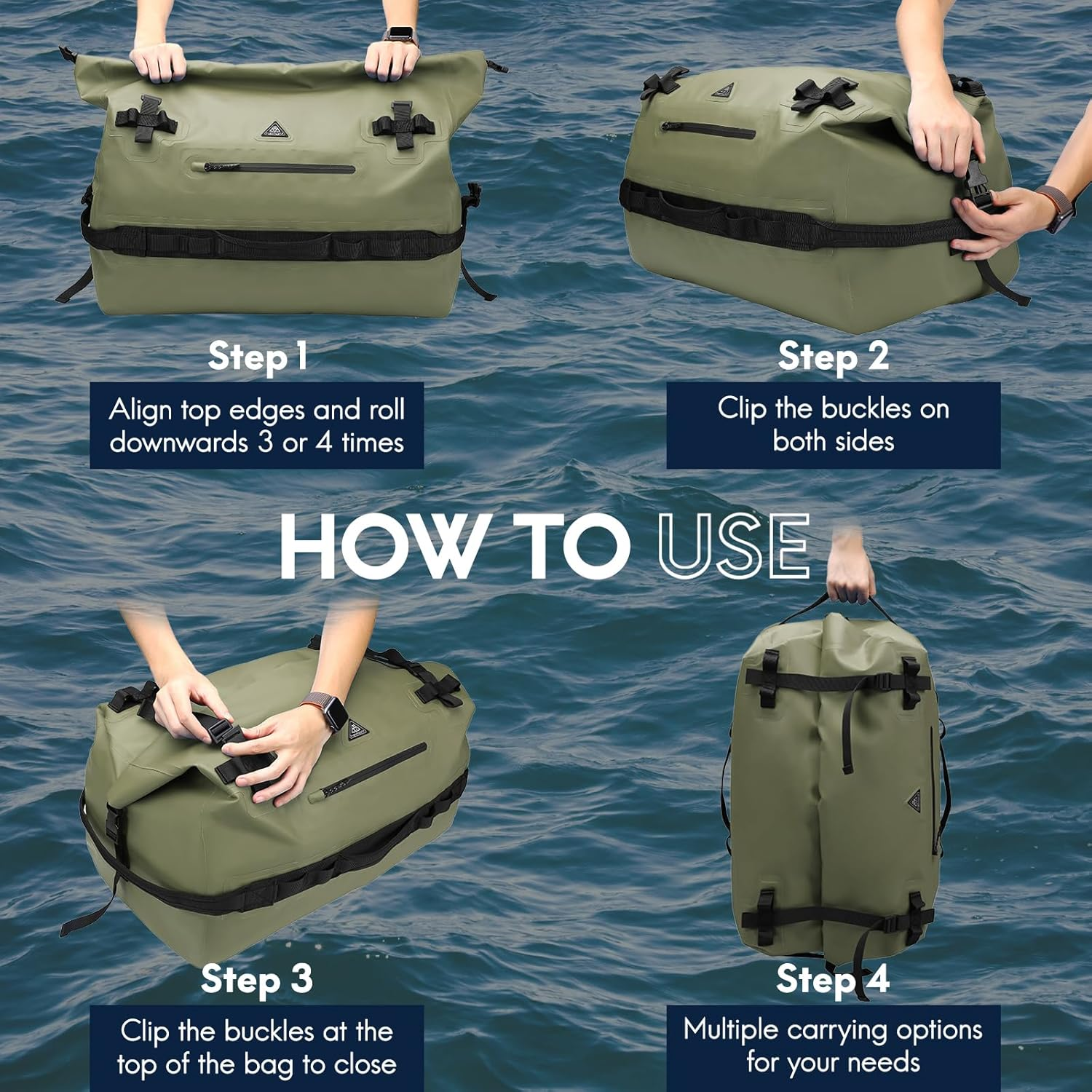 Haimont 60L Waterproof Duffle Sports Holdall Backpack for Men Women Heavy Duty Roll-Top Dry Bag Outdoor, Army Green