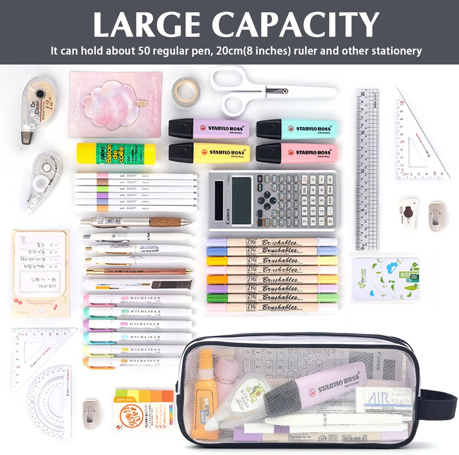 Large Grid Mesh Pencil Case 2 Compartments, Clear Pen Pencil Pouch with Zipper, Multifunction Transparent Stationery Bag for Student College Office Teen Boys Girls Makeup Bag for Adult Travel ( image number 5