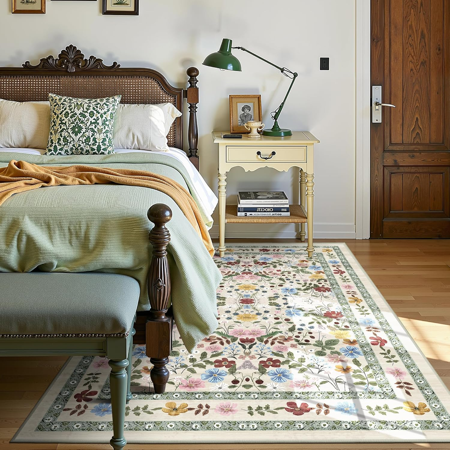 Deerly Green Rugs for Livingroom, Floral Boho Area Rug for Bedroom Child Nurseryroom Diningroom, Vintage Non-Slip Floor Rug Washable Bedunder Carpet Kitchen Office. (Beigegreen, 160X230Cm) image number 6