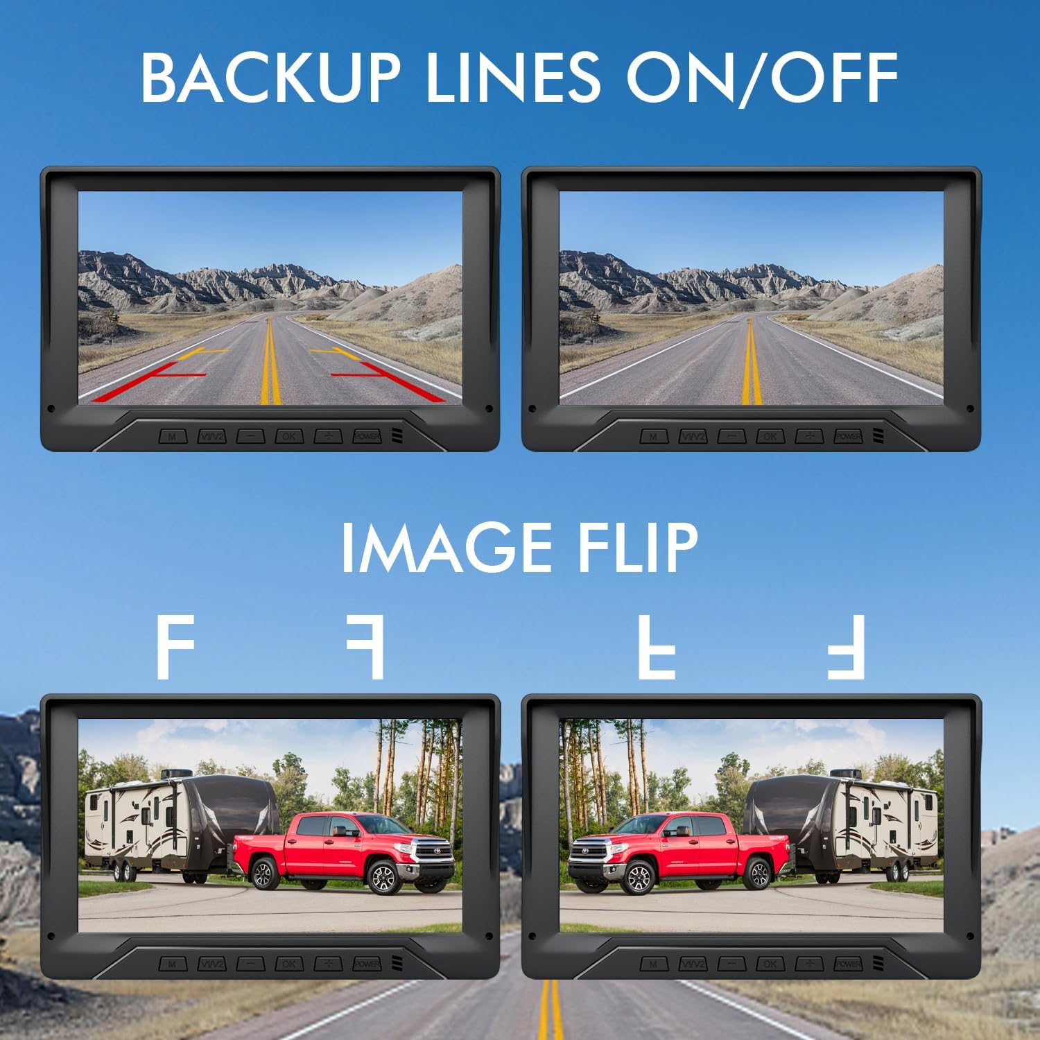 Dual RV Backup Camera Plug and Play, 7'' Backup Camera for Truck Trailer, No Delay, 1080P HD, 2 Channels, 150&deg; Wide Angle, DIY Guide Lines, Night Vision, IP69 Rear View Camera image number 5