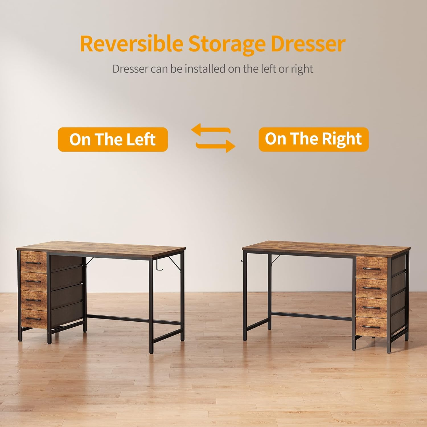 Cubicubi 40 Inch Computer Reversible Desk with 4 Storage Drawers, Small Home Office Kids Student Studying Table for Bedroom, Rustic Brown image number 4