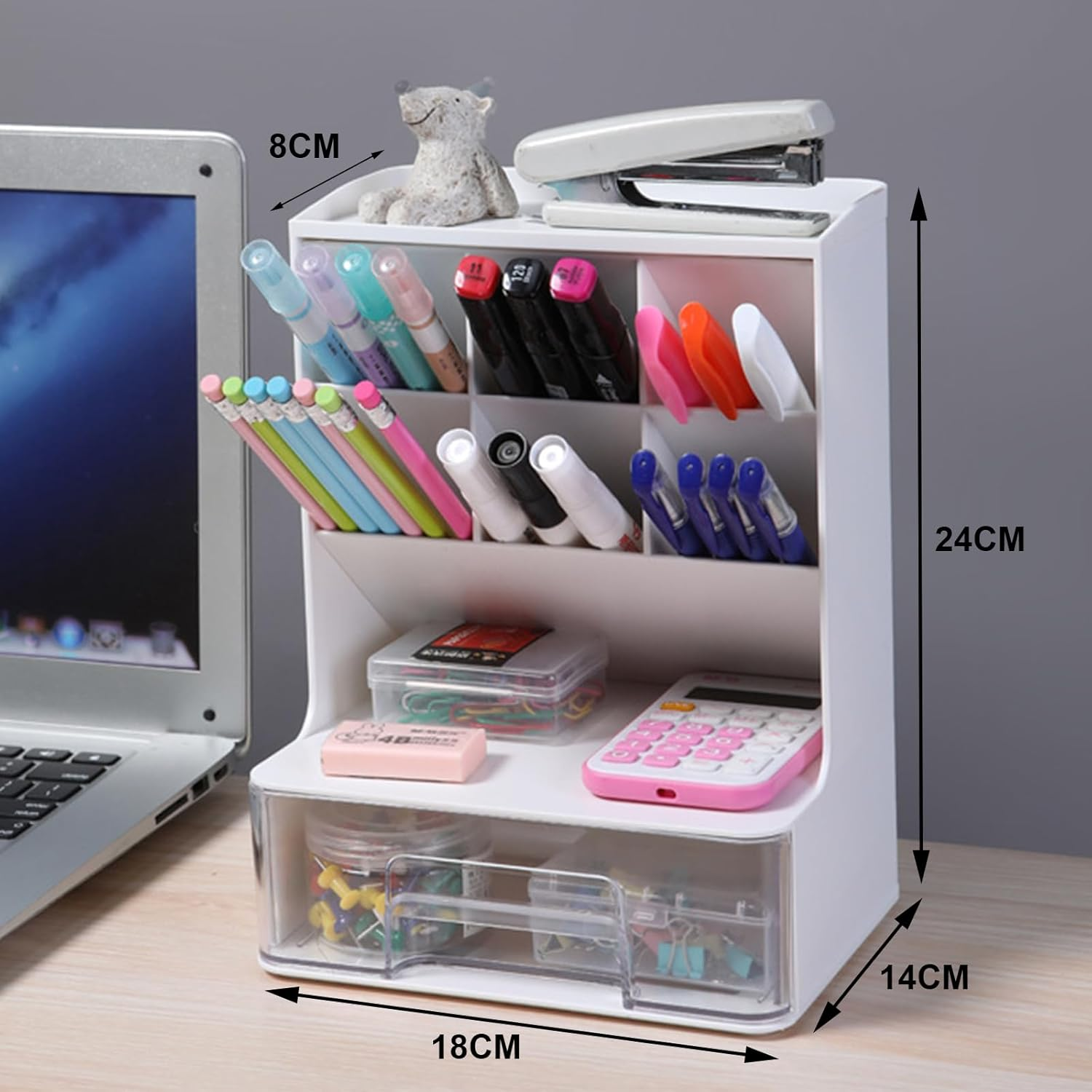 Enliansgo Desk Organizer Office Desktop Organizer with Drawer, Multi-Functional Pencil Organizer, Desk Organizers and Accessories for Office Art Supplies, Desktop Stationary Organizer Caddy (White) - Green image number 5