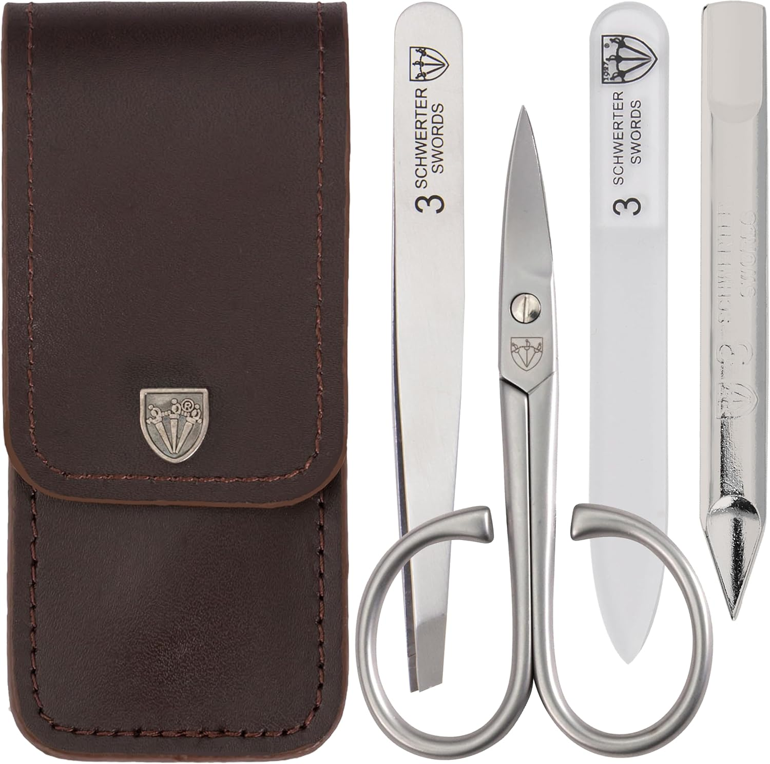 3 Swords Germany - Brand Quality 3 Piece Stainless Steel INOX Manicure Pedicure Grooming Kit Set for Professional Finger & Toe Nail Care Scissors File Tweezers Genuine Leather Case in Gift Box (Hgjfk) Black