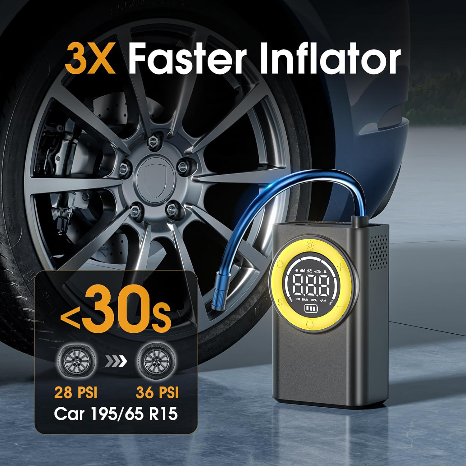 Tire Inflator Portable Air Compressor - 5X Faster 150 PSI Cordless Air Pump for Car Tires with Digital Pressure Gauge & Auto Shutoff, Emergency LED Light for Motorcycle/Bike/Ball image number 3
