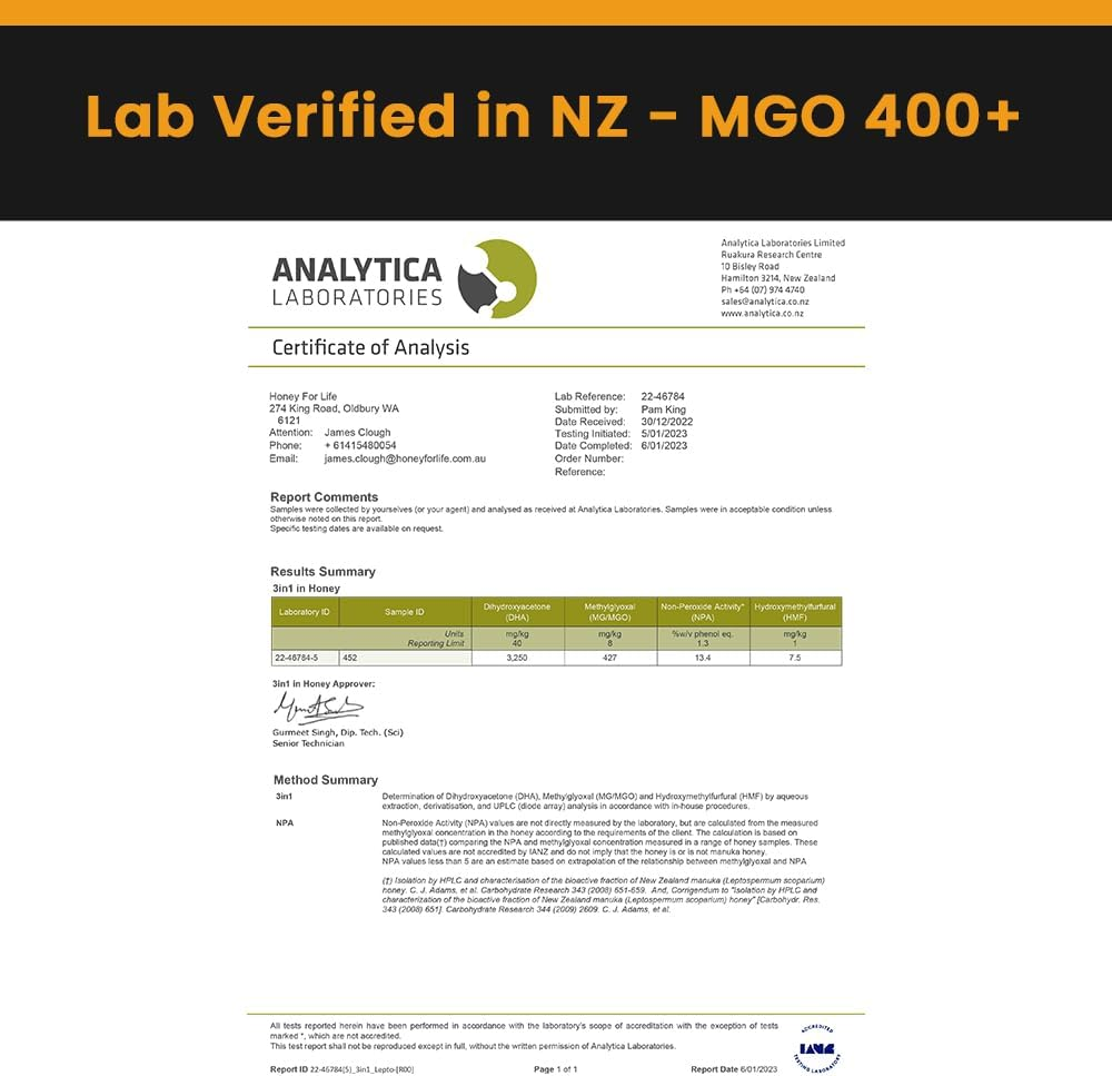 Australian Monofloral Manuka Honey Medical Grade - MGO 400+ | Raw Honey in Glass Jar | Pure Honey - Lab Verified Pesticide & Antibiotic Free | Batch Traceable | Manuka Honey 500G by Honey for Life image number 4