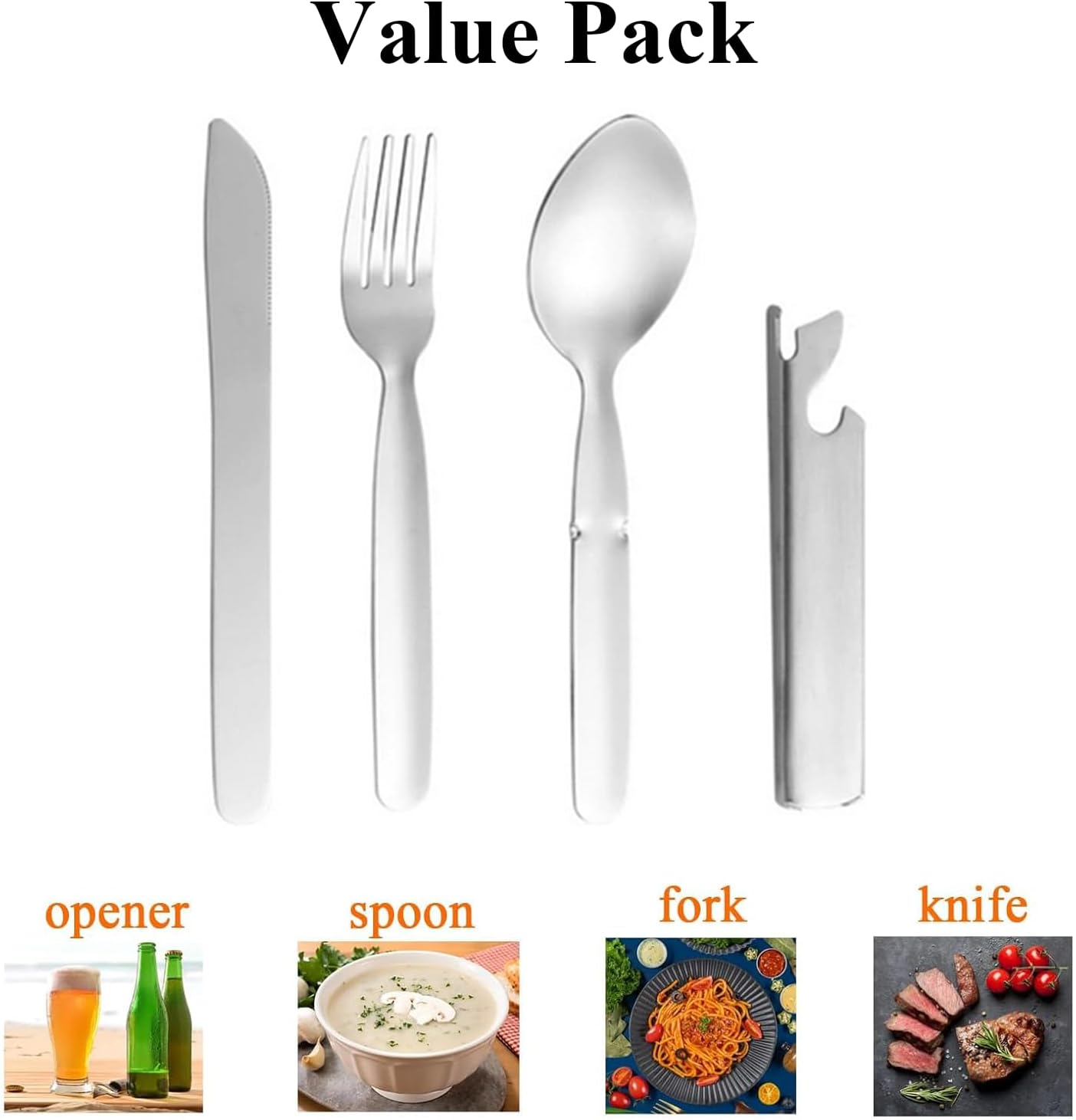 Rhoyee 4-In-1 Stainless Steel Camping Utensil Set &ndash; Portable Folding Knife, Fork, Spoon & Bottle Opener &ndash; Compact Travel Cutlery Kit for Hiking, Backpacking, Outdoor & Emergency Use image number 1