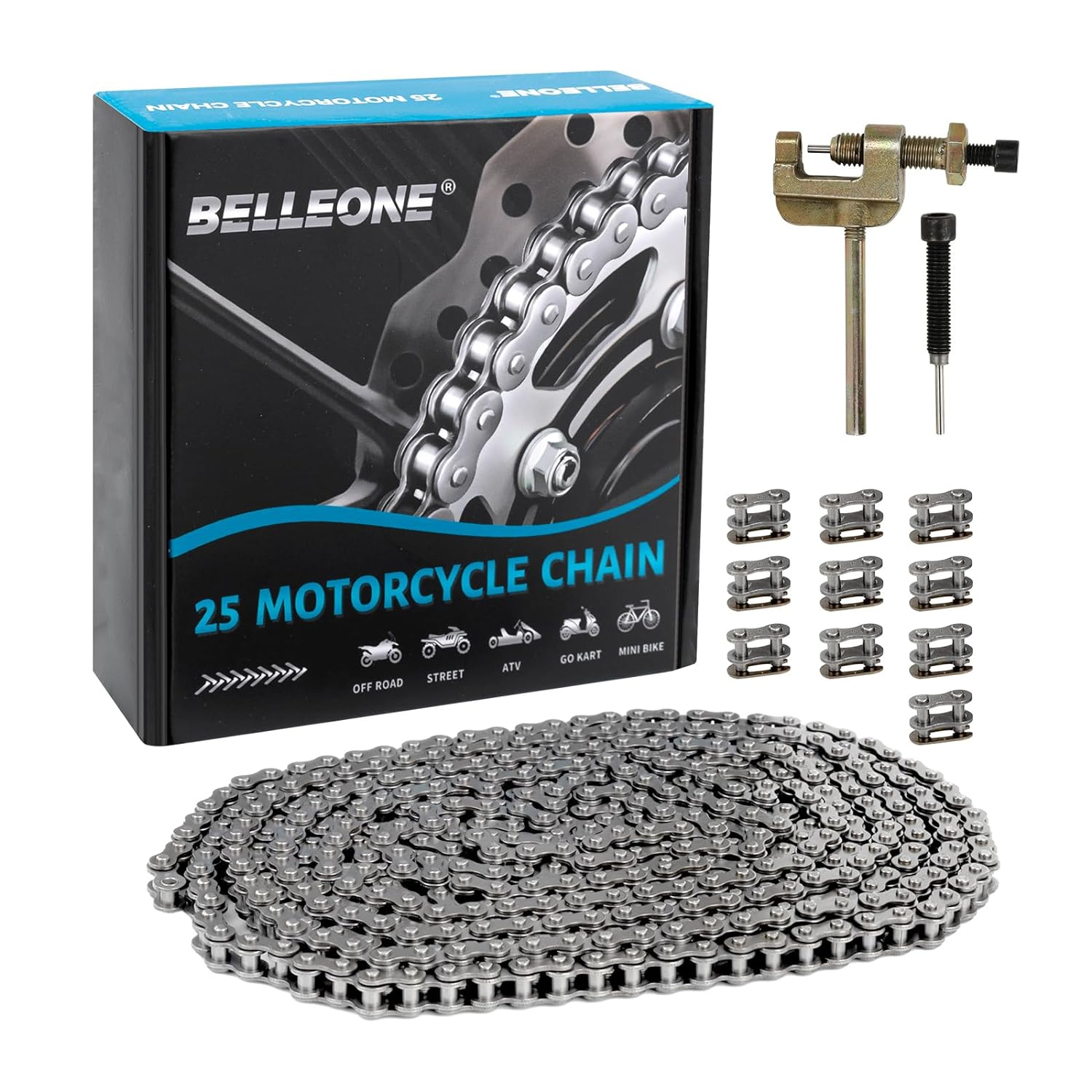 Belleone #25 Roller Chain - 10 Feet #25 Chain with 10 Connecting Links & Chain Breaker for Go Karts, Mini Bikes, Scooters, Dirt Bikes, Razor Motorcycles, Pocket Bike and Bycicles - 480 Links image number 2