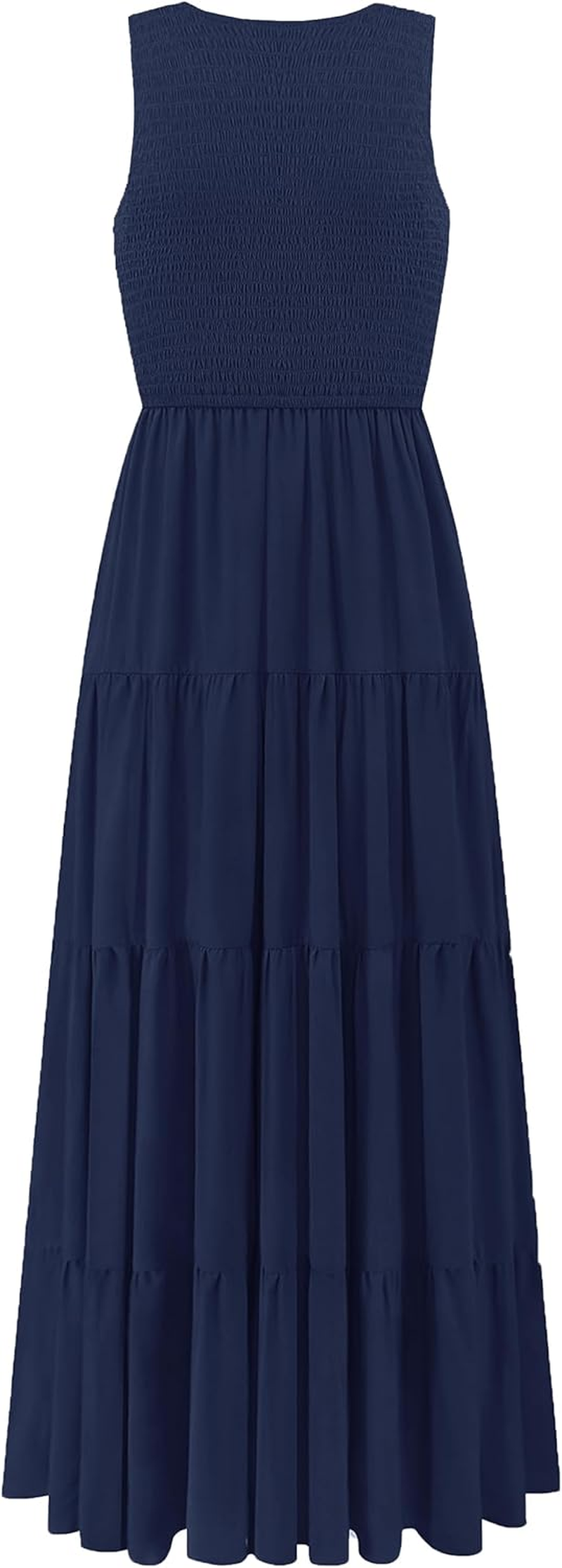 Women'S Nursing Dresses Smocked Crew Neck Summer Sleeveless Tiered Maxi Dress with Pockets image number 4