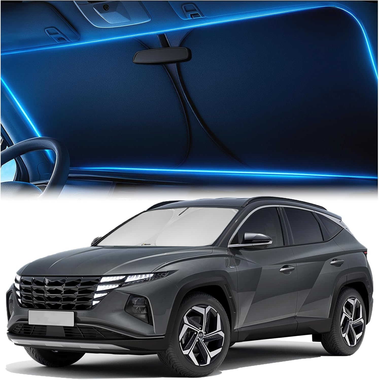 Windshield Sunshade for Hyundai Tucson 2022 2023 2024 2025 - Innovative No-Light-Pass Technology, Mirror Cut-Out, Blocks 99% UV Rays, Fade-Resistant, Easy-Fold Tucson Windshield Sun Shade image number 2