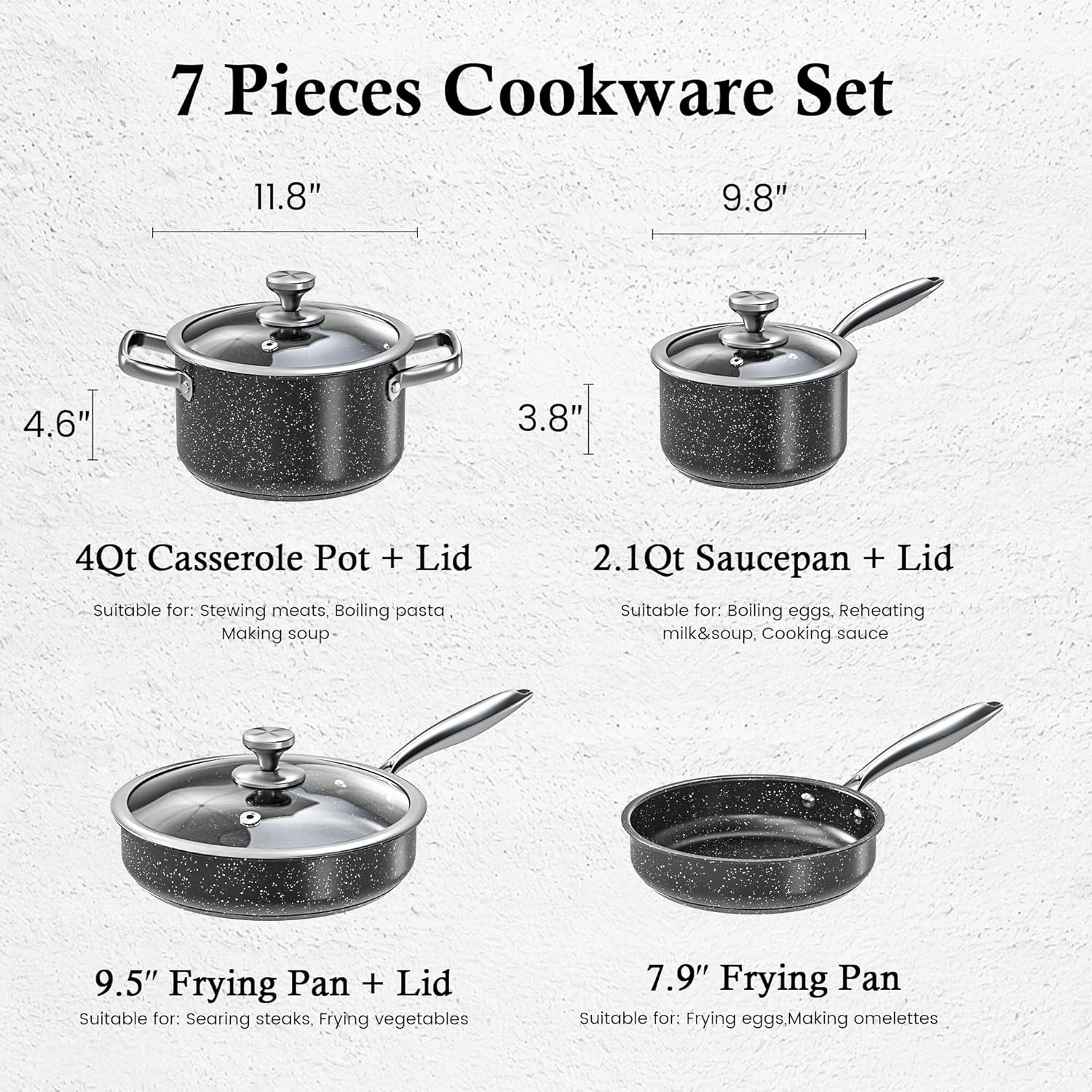 ASKSCICI 7-Piece Nonstick Granite Induction Stainless Steel Pots and Pans Set with Frying Pans & Saucepans - Non-Toxic, PFOS & PFOA Free, Oven Safe, Suitable for All Stoves, Dishwasher Safe, Black image number 3