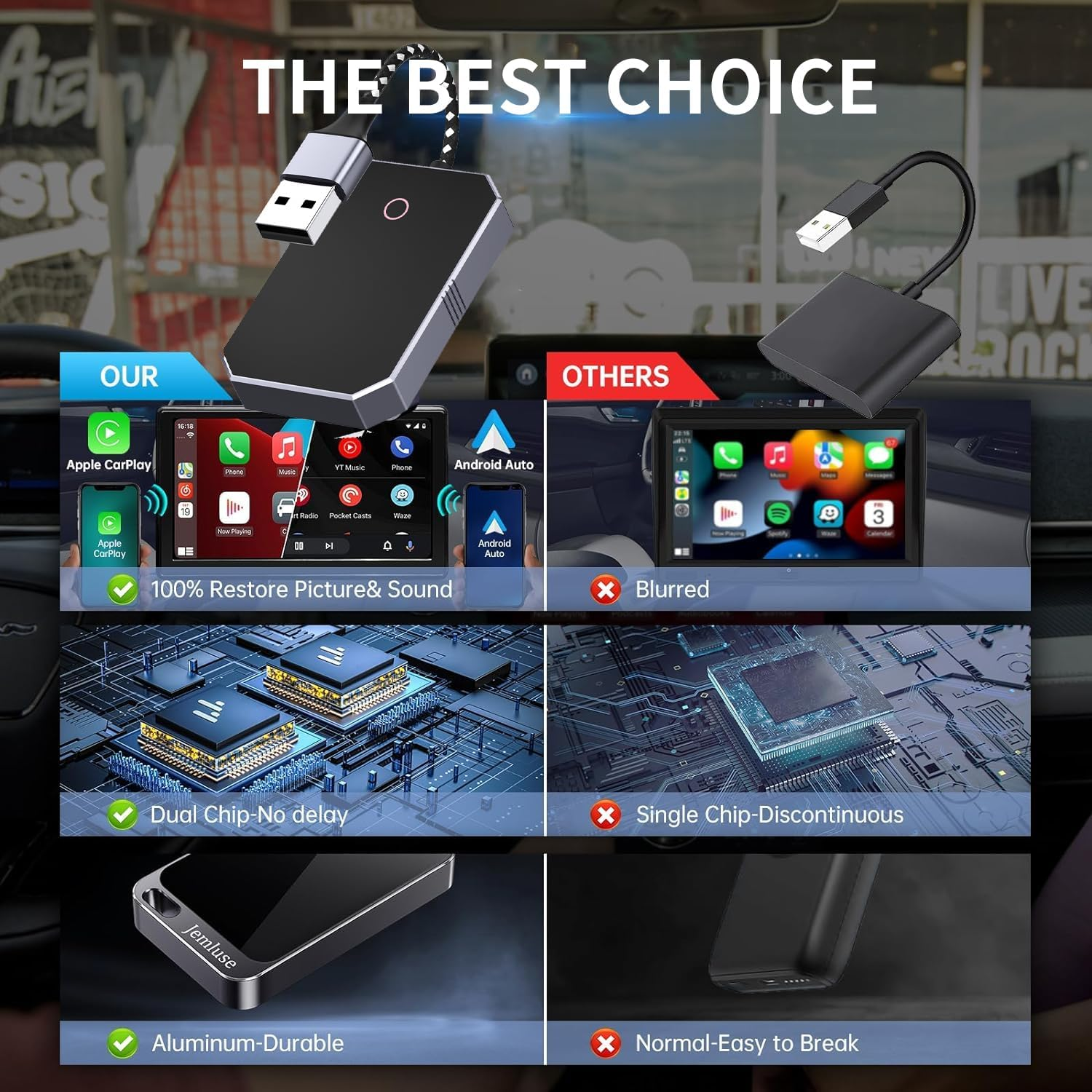 2-In-1 Wireless Carplay & Android Auto Adapter, Faster Converts Factory Wired to Wireless Car Dongle for Wirless Control Plug&Play Fit for Cars from 2015 & for Apple Ios 10+ & Android image number 5