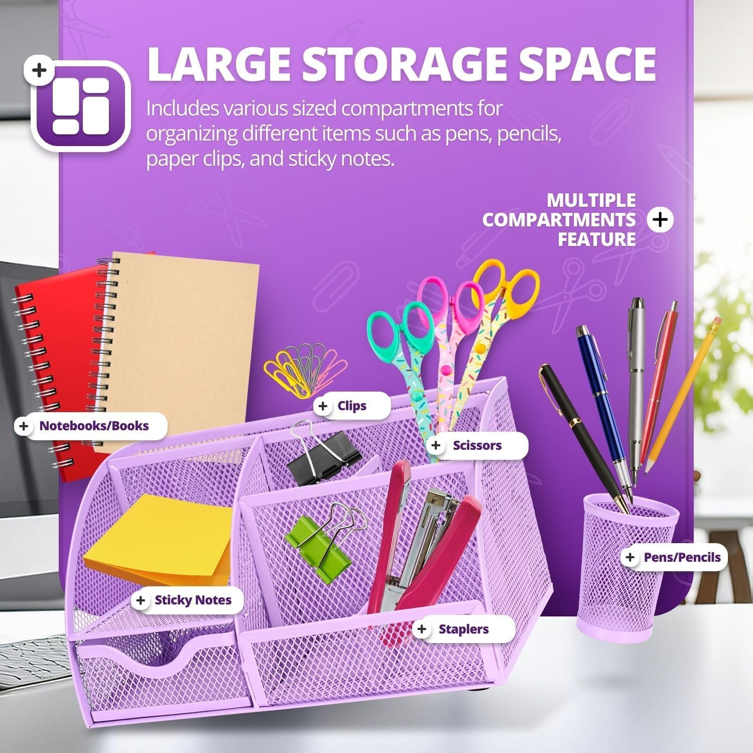 Flexzion Metal Mesh Office Supplies Organizer Caddy with 6 Compartments, Drawer and Pen Holder - Purple Desk Accessories Set for Women, Men, Students - Purple image number 2