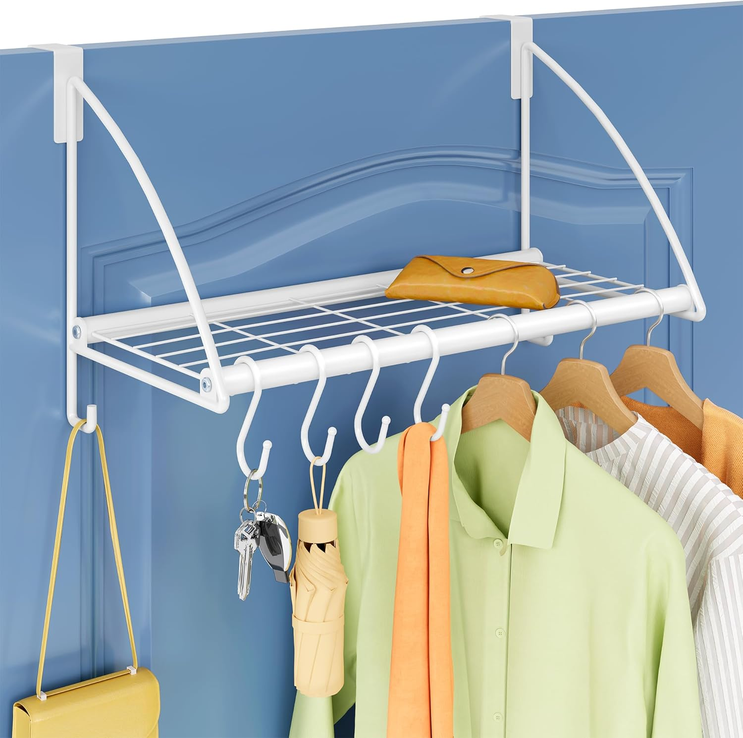 Tajsoon over the Door Hanger with Storage Rack and 6 Hooks, over the Door Clothes Racks for Hanging Towel & Coat, Door Rack Hanger for Bathroom, Bedroom, Living Room, Black