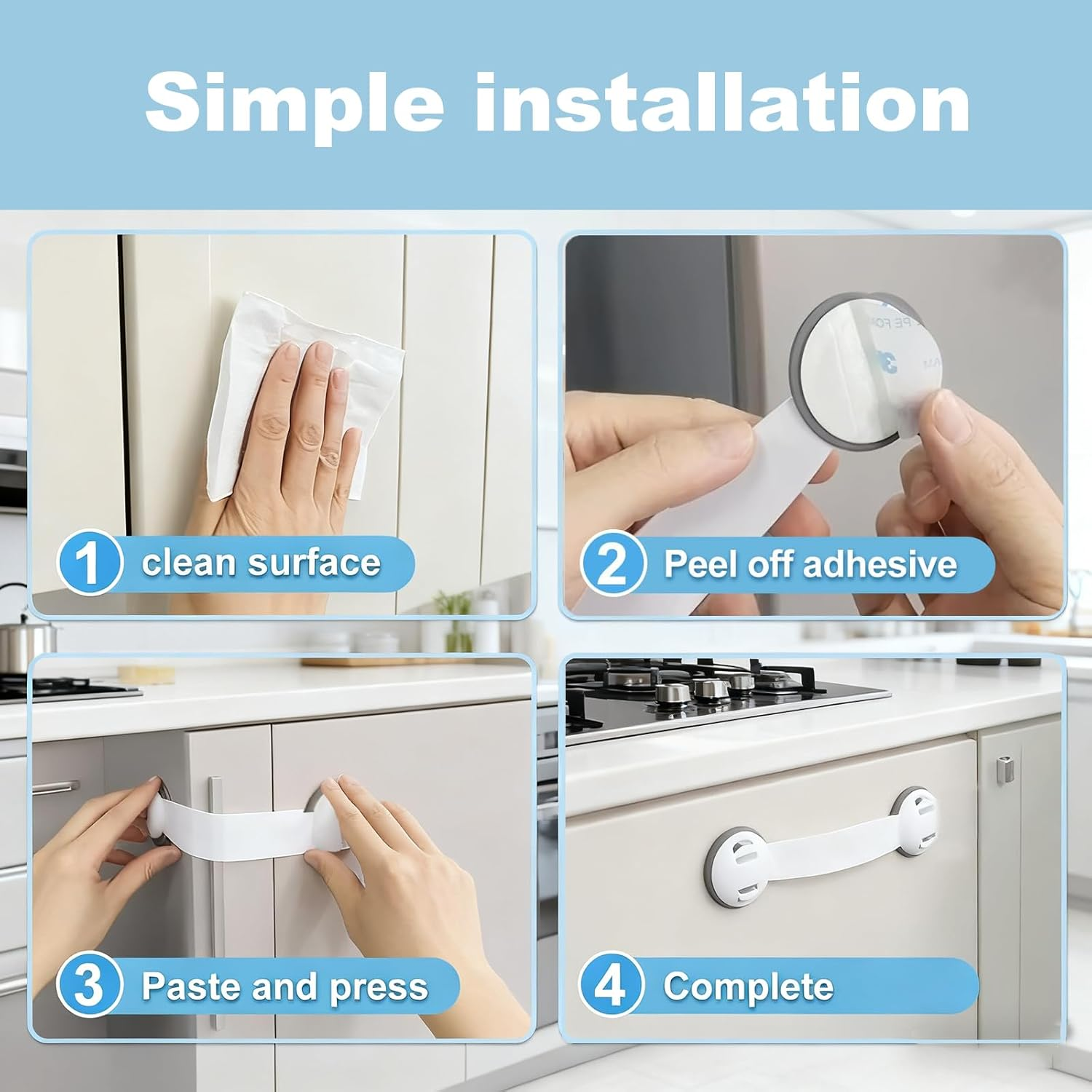 Child Proof Cupboard Locks, 2PCS Baby Proofing Latches for Cabinets and Drawers, No Tools Needed for Installation, Fridge Lock for Kitchen, Bathroom, Living Room and Office, 23.5 * 4.9Cm, Grey image number 4