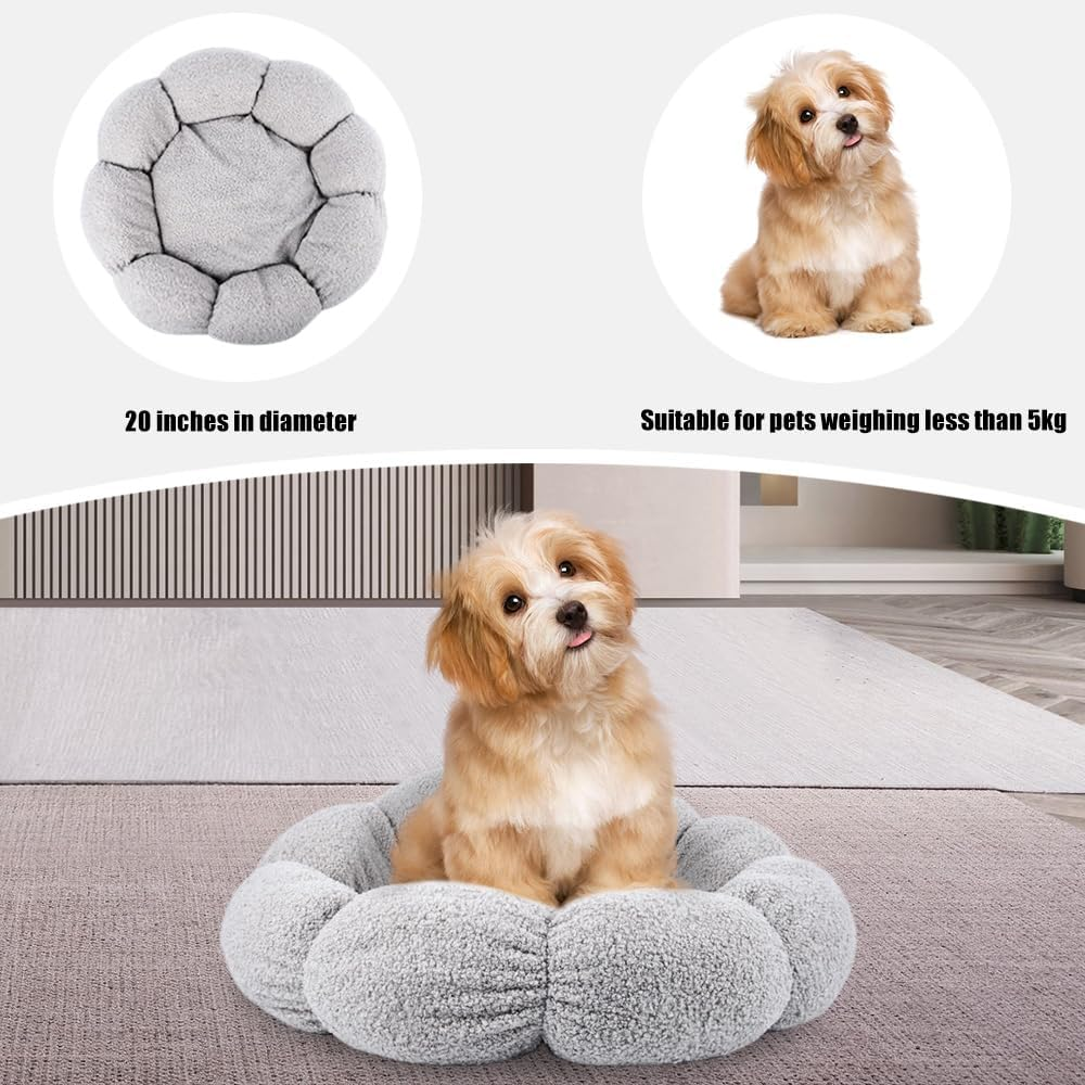 Calming Cat Beds for Indoor Cats Cute Flower Pet Beds in Teddy Sherpa Plush Non-Slip Dog Cat Beds Fits up to 15 Lbs Machine Washable Grey 20" image number 3
