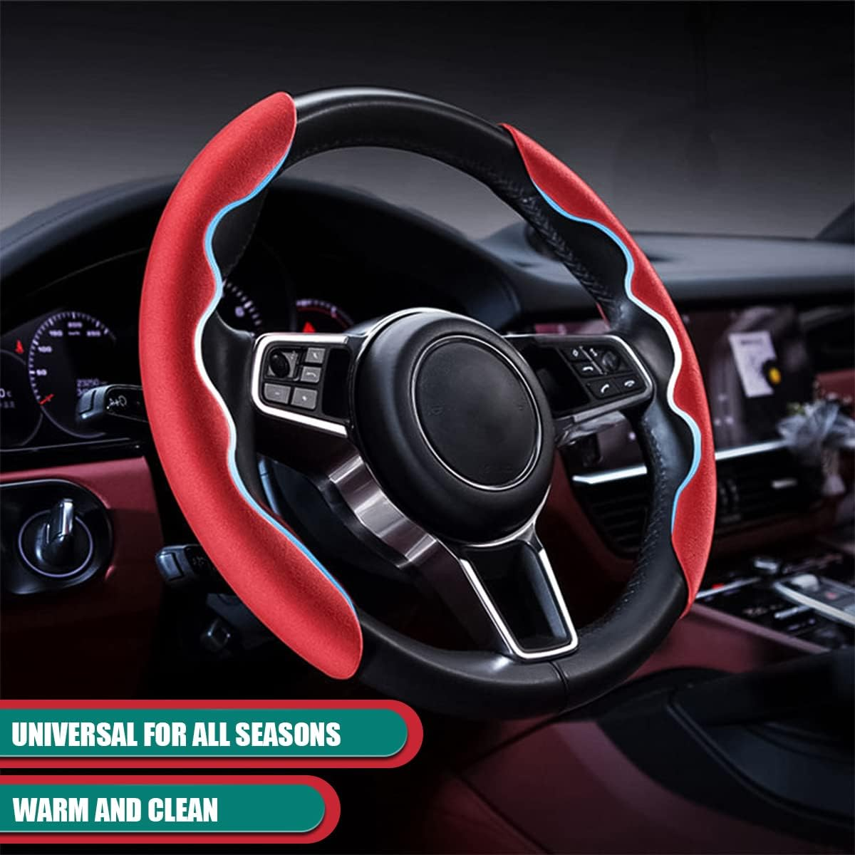 Car Steering Wheel Cover, Microfiber Suede Leather and Carbon Fiber Double Sided Design, Warm in Winter and Cool in Summer, Breathable Non Slip Segmented Protector for Most Cars (Turn Fur/Red) - Brown/Black image number 5