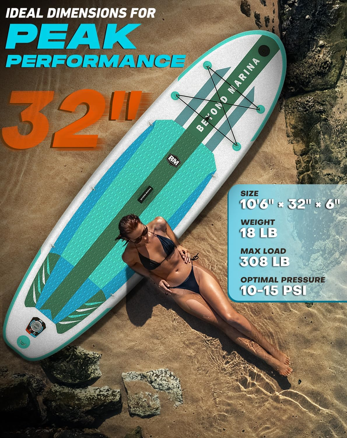 BEYOND MARINA Sup Board, Stand up Paddling Board, Paddle Board, Inflatable Paddleboard, Surfboard, Water Sports, Pump, Backpack, Paddle, Leash, 320 X 81 X 15 Cm image number 1