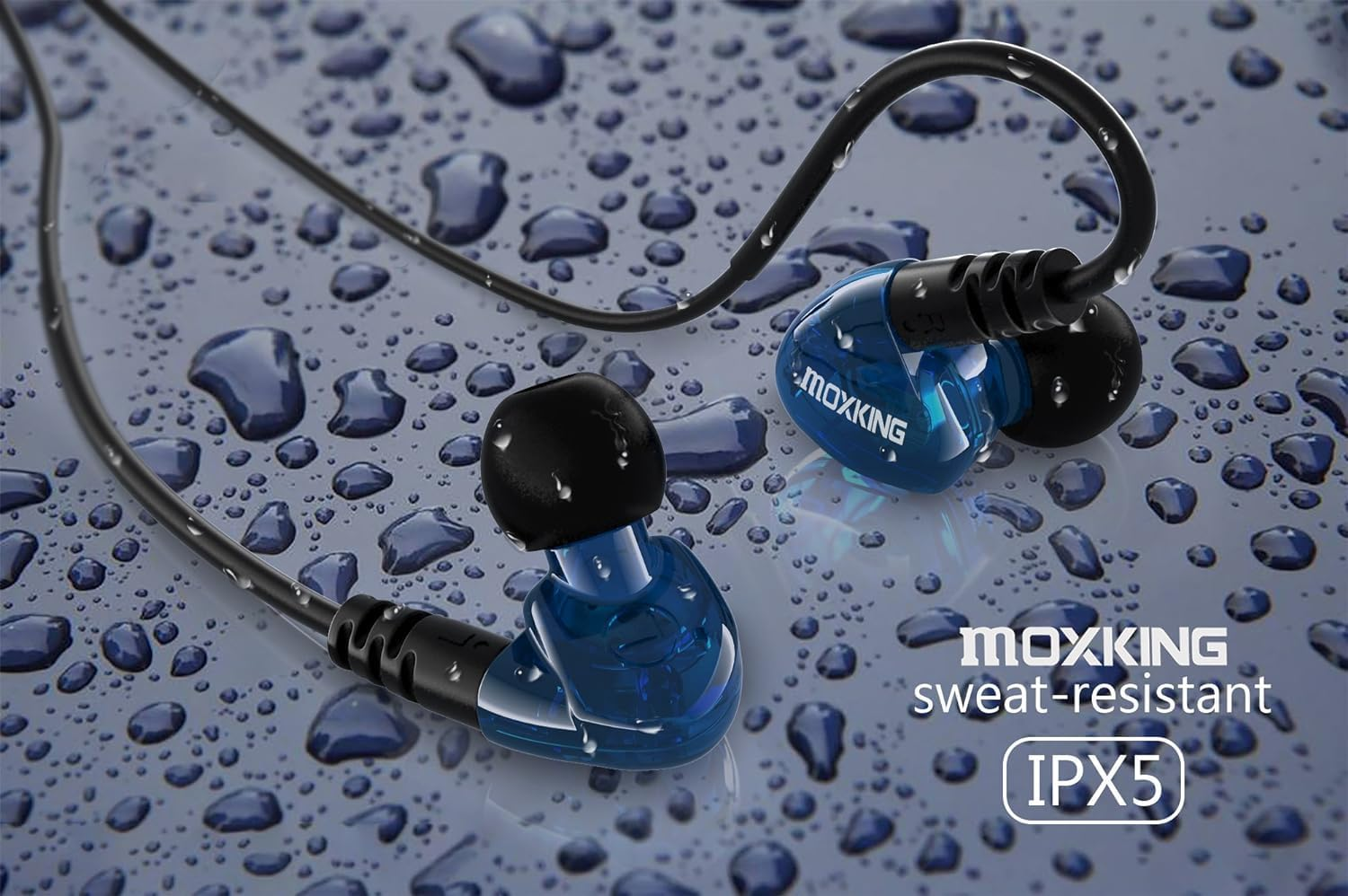 MOXKING Sports In-Ear Headphones, Wired In-Ear Headphones, Noise Isolating, Waterproof Earplugs, Reinforced Bass Stereo Headphones for Running and Fitness, with Microphone and Remote Control (Blue) image number 3