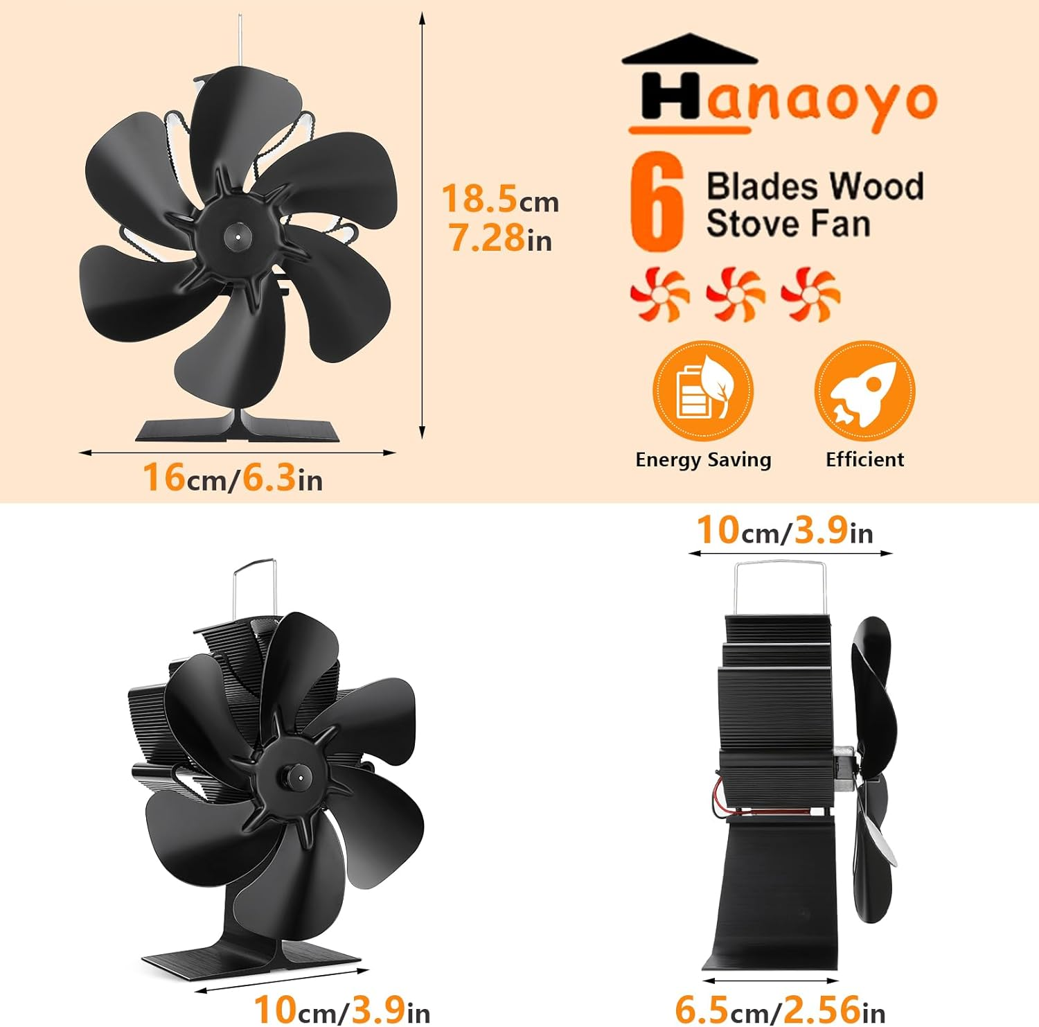 Wood Stove Fan, 6 Blades Wood Stove Fan Heat Powered, Fireplace Fan with Magnetic Thermometer, Wood Stove Accessories, Non Electric Fan for Wood/Gas/Log Burner Stove image number 1