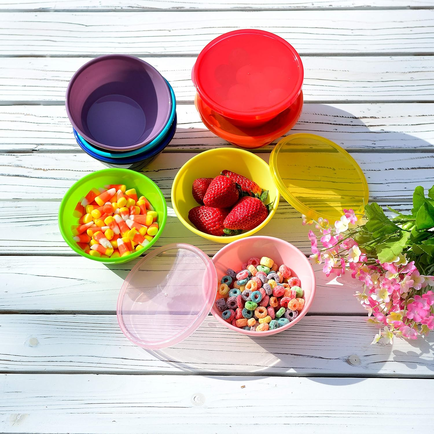 Youngever 12 Ounce Plastic Bowls with Lids, Snack Bowls, Small Bowls, Food Storage Containers, Set of 9 in 9 Assorted Colors image number 4