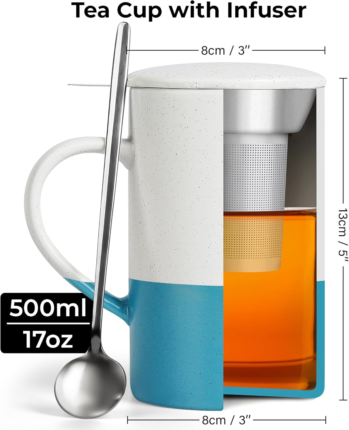 MIAMIO - Tea Cup Set 2 X 500 Ml with Infuser and Lid/Ceramic Tea Mug with Infuser and Spoon for Steeping Loose Leaf Tea, Gifts for Tea Lovers - Microwave & Dishwasher Safe (Blue) - Brown image number 3