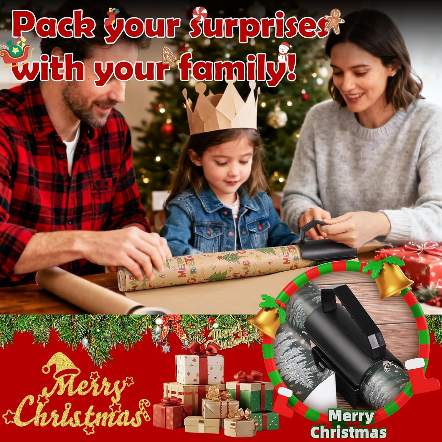 Wrapping Paper Cutter, Geeric Gift Wrap Cutter for Roll with Handle Professional Christmas Wrapping Paper Cutters Safe Sturdy Reusable Food Baking Wrapper Dispenser Tool for Shop Birthday Wedding image number 1