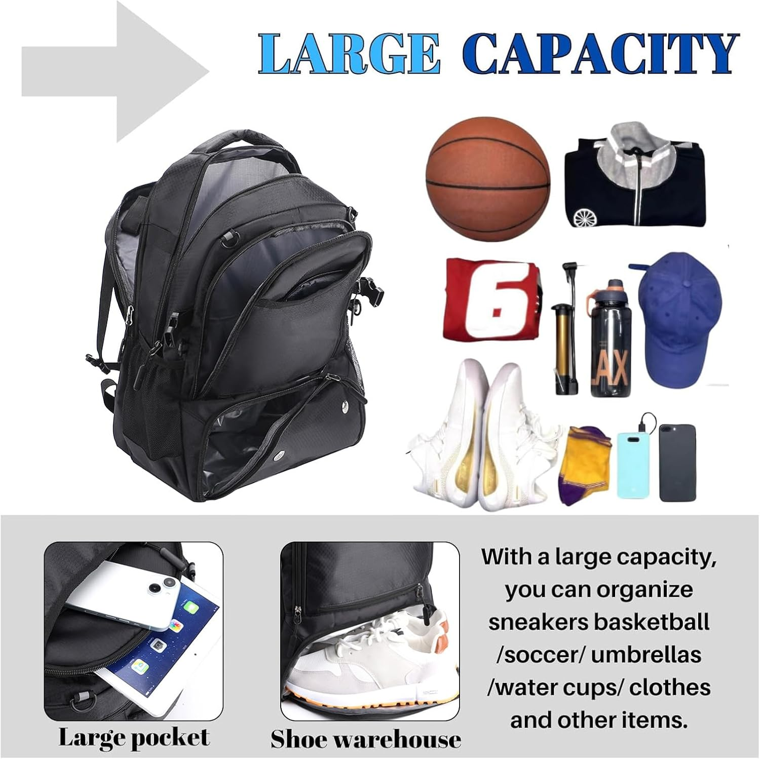 Ruaizel Basketball Backpack with Separate Ball Holder & Shoes Compartment, 40L Large Capacity Basketball Equipment Bag with Detachable Mesh Pocket for Volleyball Soccer Swim Gym Travel (Black) image number 1