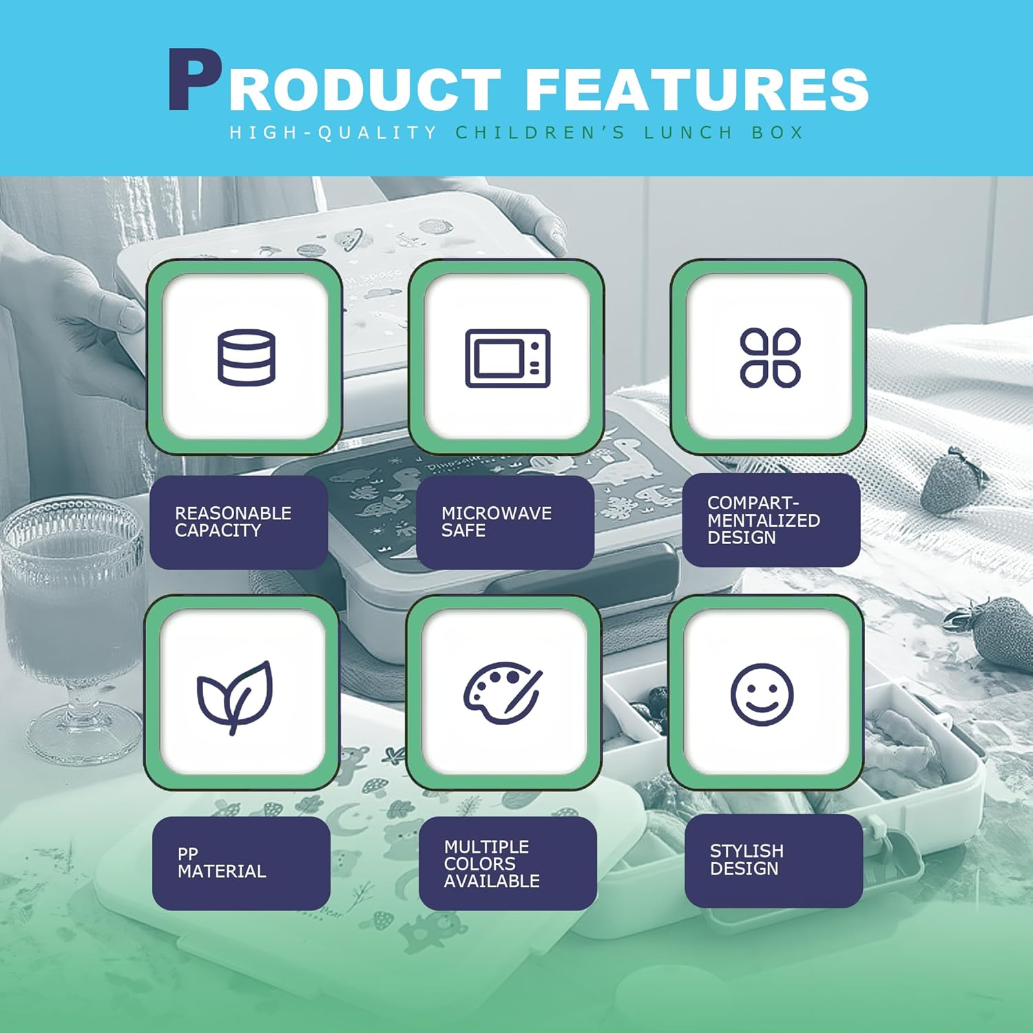 STRONGBERRY Kids Lunch Box, Healthy and Microwave - Safe, Dinosaur Parade, Purple Unicorn, Brown Bear Designs (Blue Dinosaur)