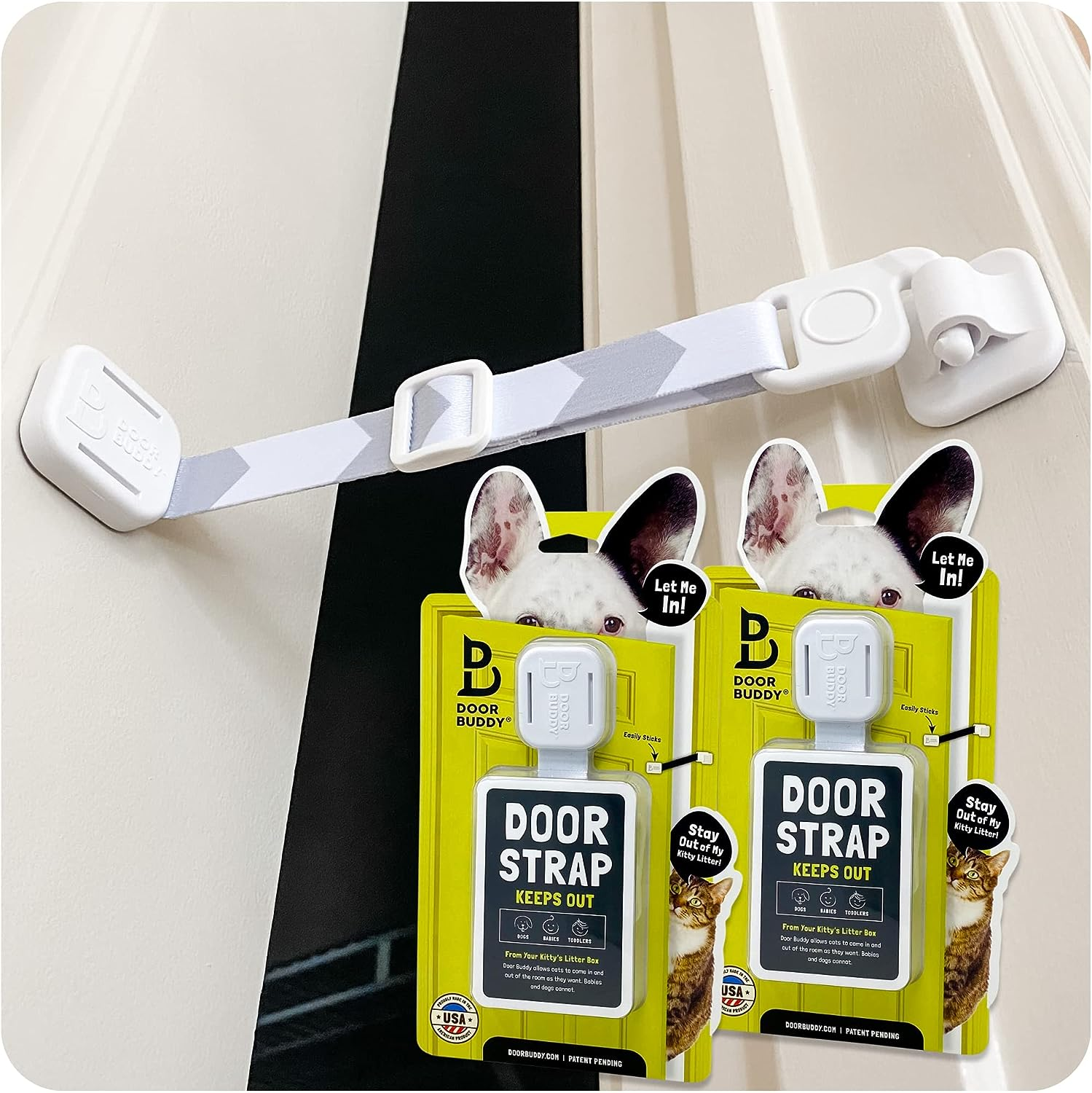 Door Buddy Adjustable Door Latch (Grey 2 Pack + Bonus Adhesives). Simpler Way to Dog Proof Litter Box. No More Pet Cates or Cat Doors. Convenient Cat & Adult Entry. Stop Dog Eating Cat Poop Today!